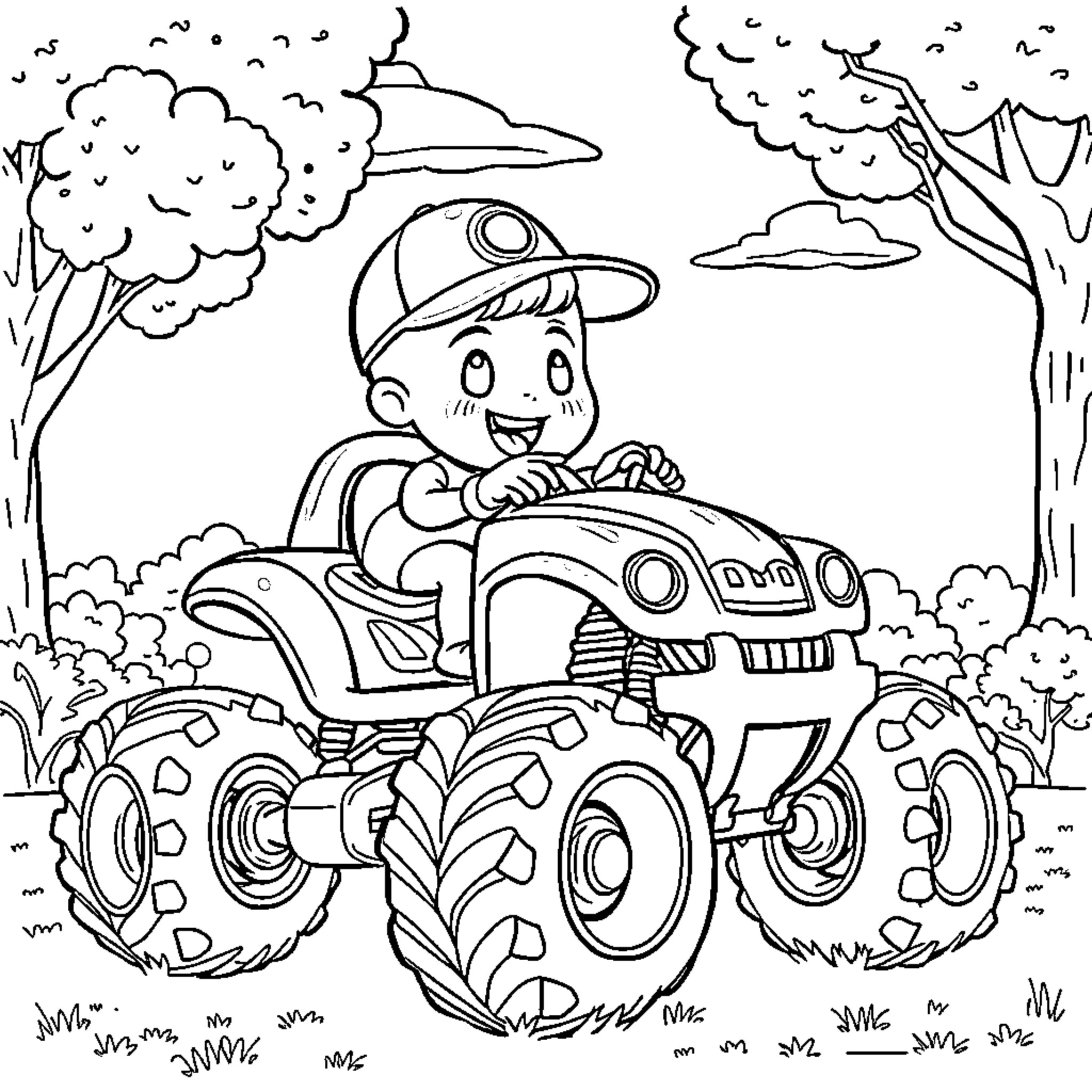 JJ Boy Driving Monster Truck Through Woods Coloring Page (free black-and-white line drawing printable PDF for all, from beginners to advanced learners, including children, teens, adults, and seniors)