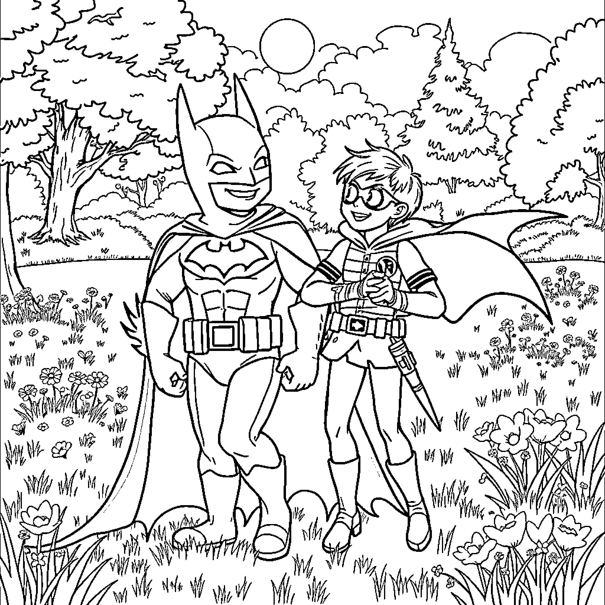 Batman and Robin Adventuring in the Forest Coloring Page (free black-and-white line drawing printable PDF for all, from beginners to advanced learners, including children, teens, adults, and seniors)