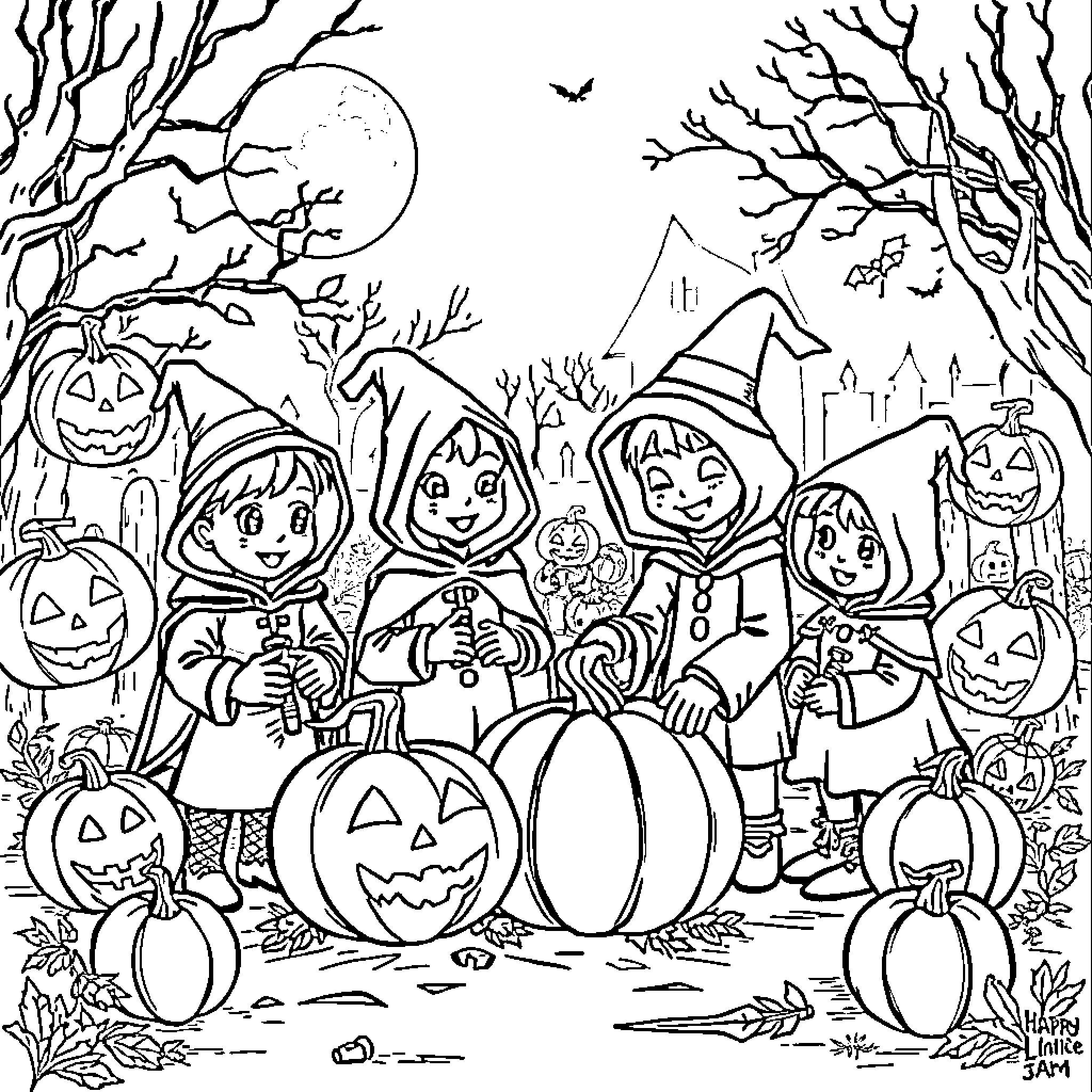 Halloween Trick-or-Treaters Explore Spooky Forest Coloring Page (free black-and-white line drawing printable PDF for all, from beginners to advanced learners, including children, teens, adults, and seniors)