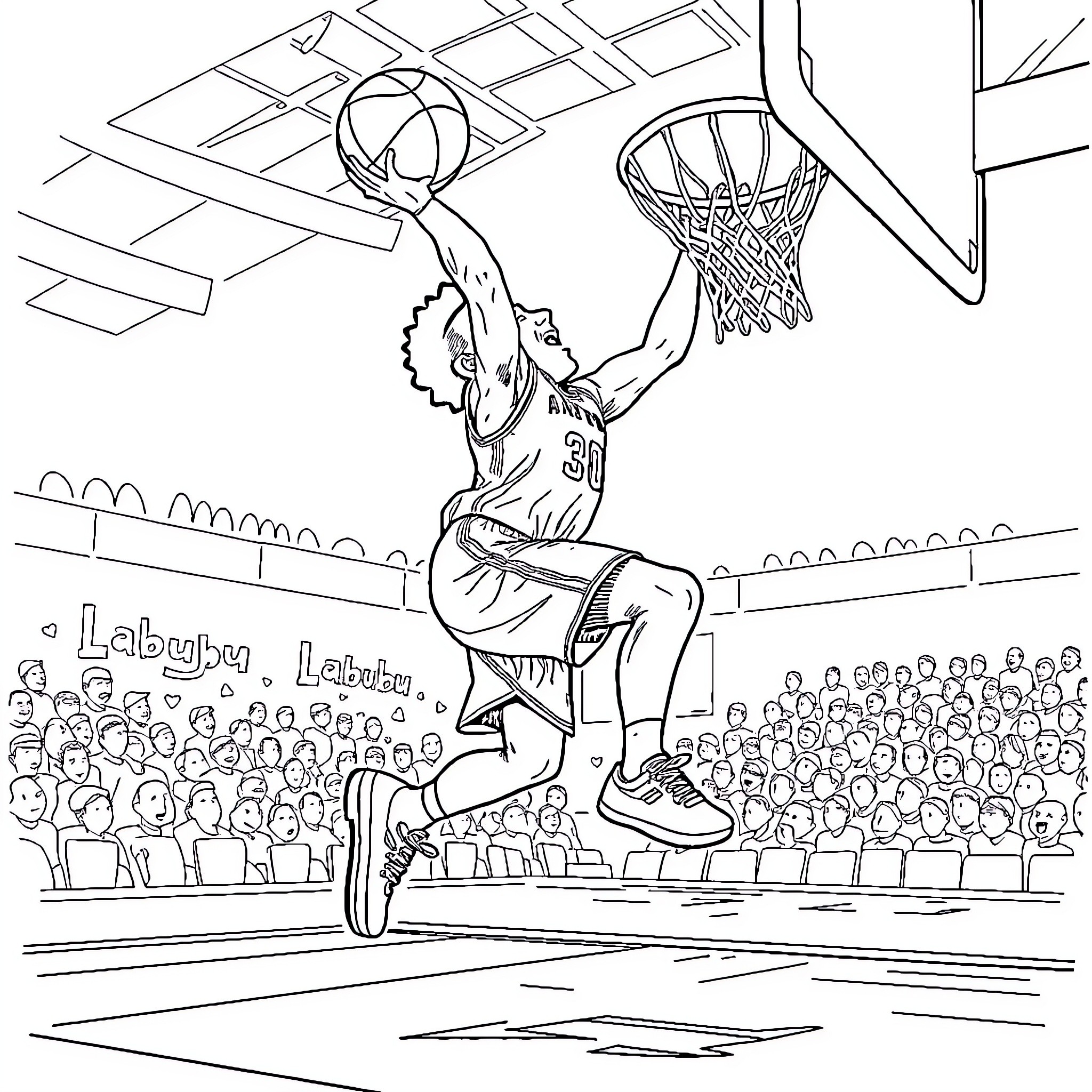 Labubu dunking on the basketball court Coloring Page (free black-and-white line drawing printable PDF for all, from beginners to advanced learners, including children, teens, adults, and seniors)