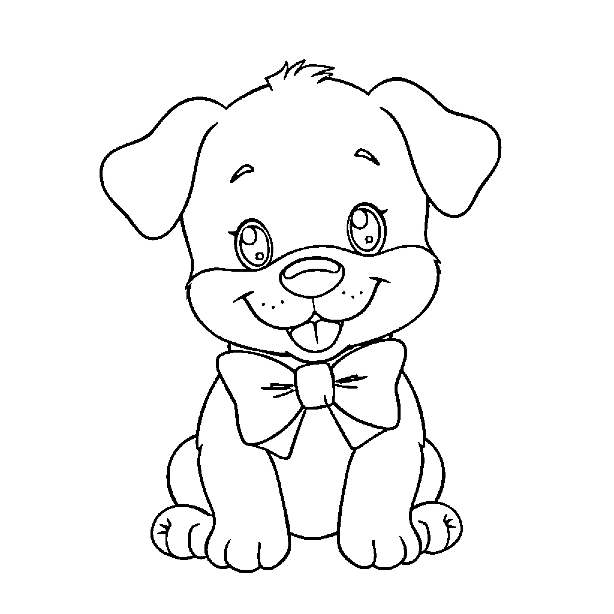 Puppy with a Bow Tie Coloring Page (free black-and-white line drawing printable PDF for all, from beginners to advanced learners, including children, teens, adults, and seniors)