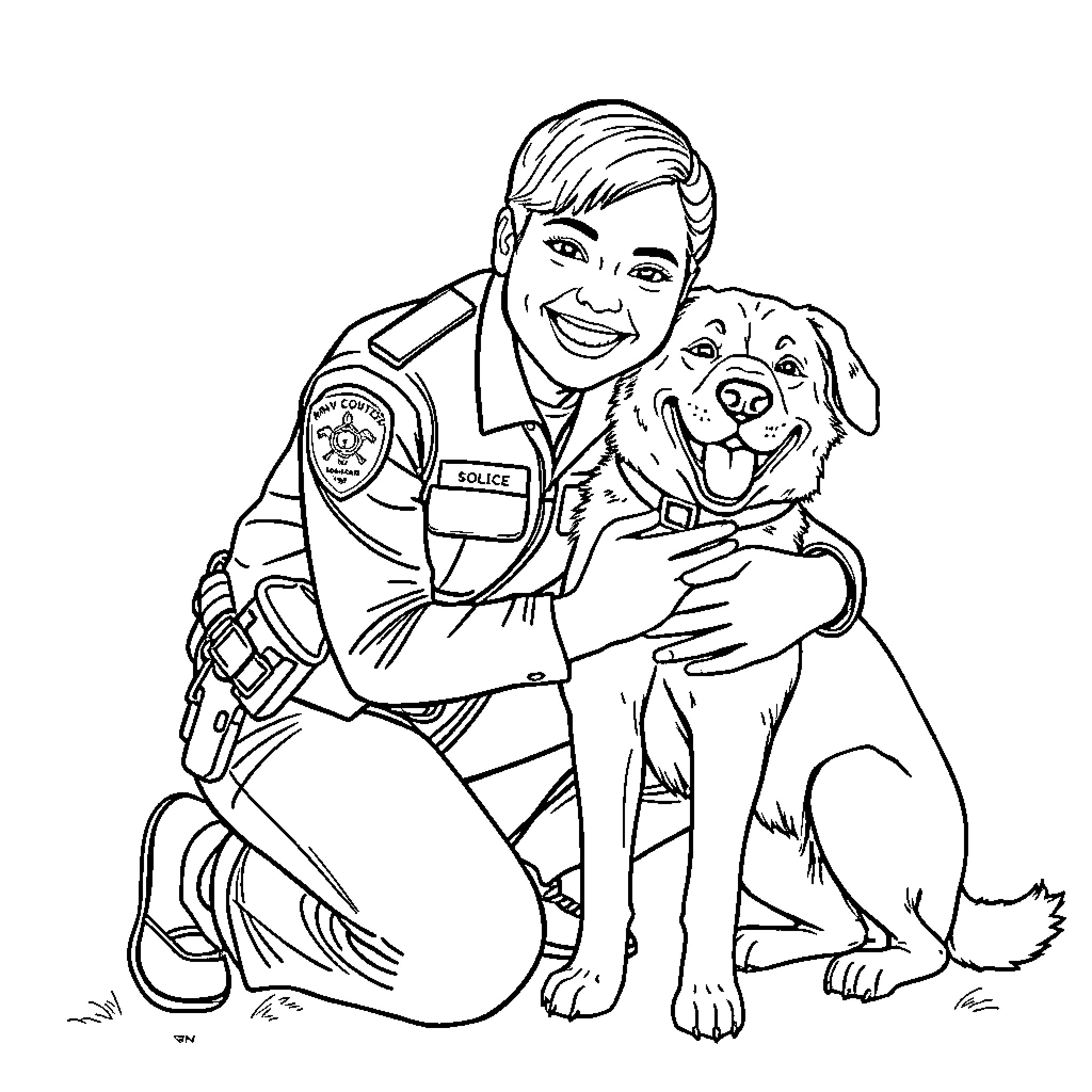 Dog Happily Hugged by Friendly Police Officer Coloring Page (free black-and-white line drawing printable PDF for all, from beginners to advanced learners, including children, teens, adults, and seniors)