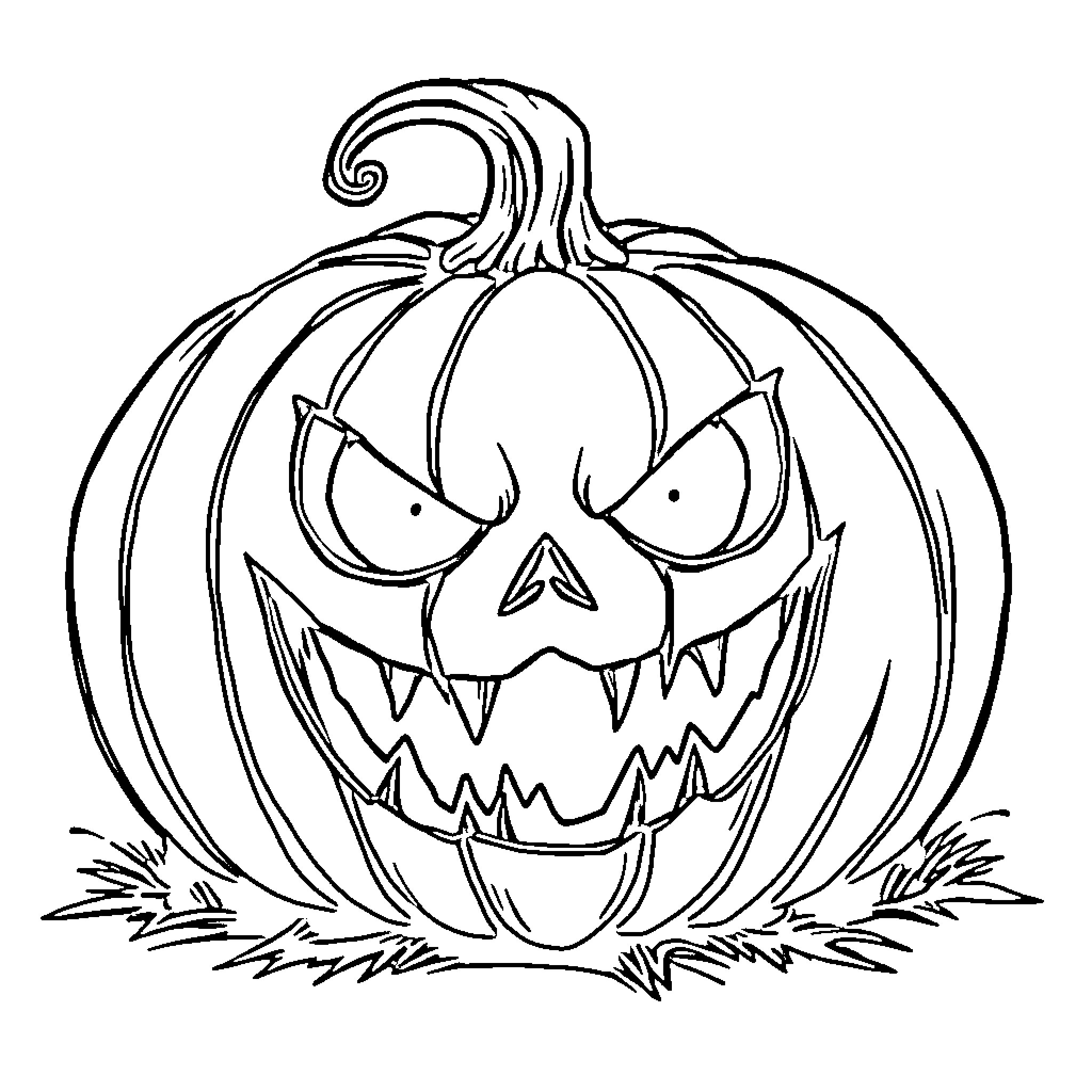 Pumpkin with Spooky Expression Coloring Page (free black-and-white line drawing printable PDF for all, from beginners to advanced learners, including children, teens, adults, and seniors)
