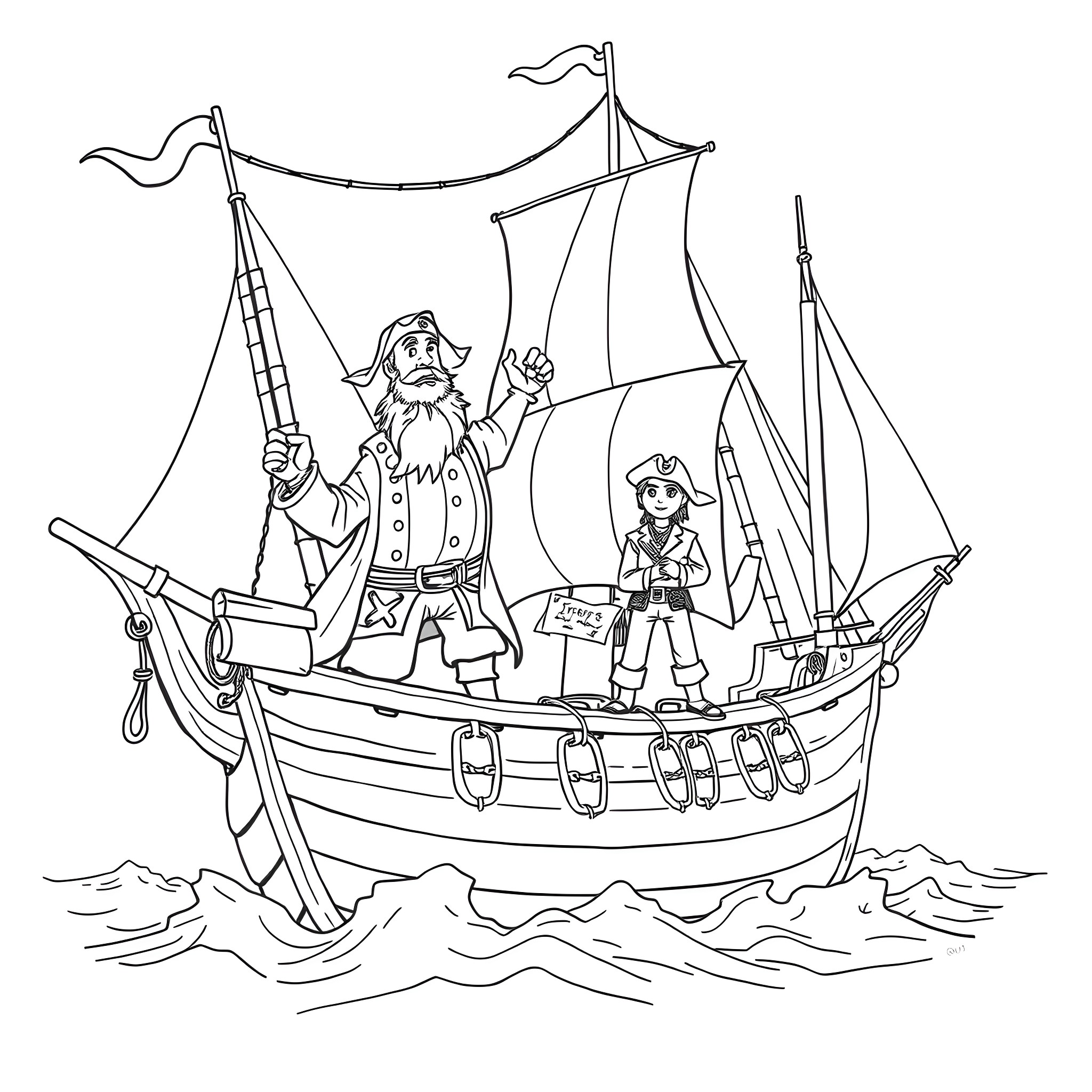 Long John Silver and his pirate crew sailing the high seas Coloring Page (free black-and-white line drawing printable PDF for all, from beginners to advanced learners, including children, teens, adults, and seniors)
