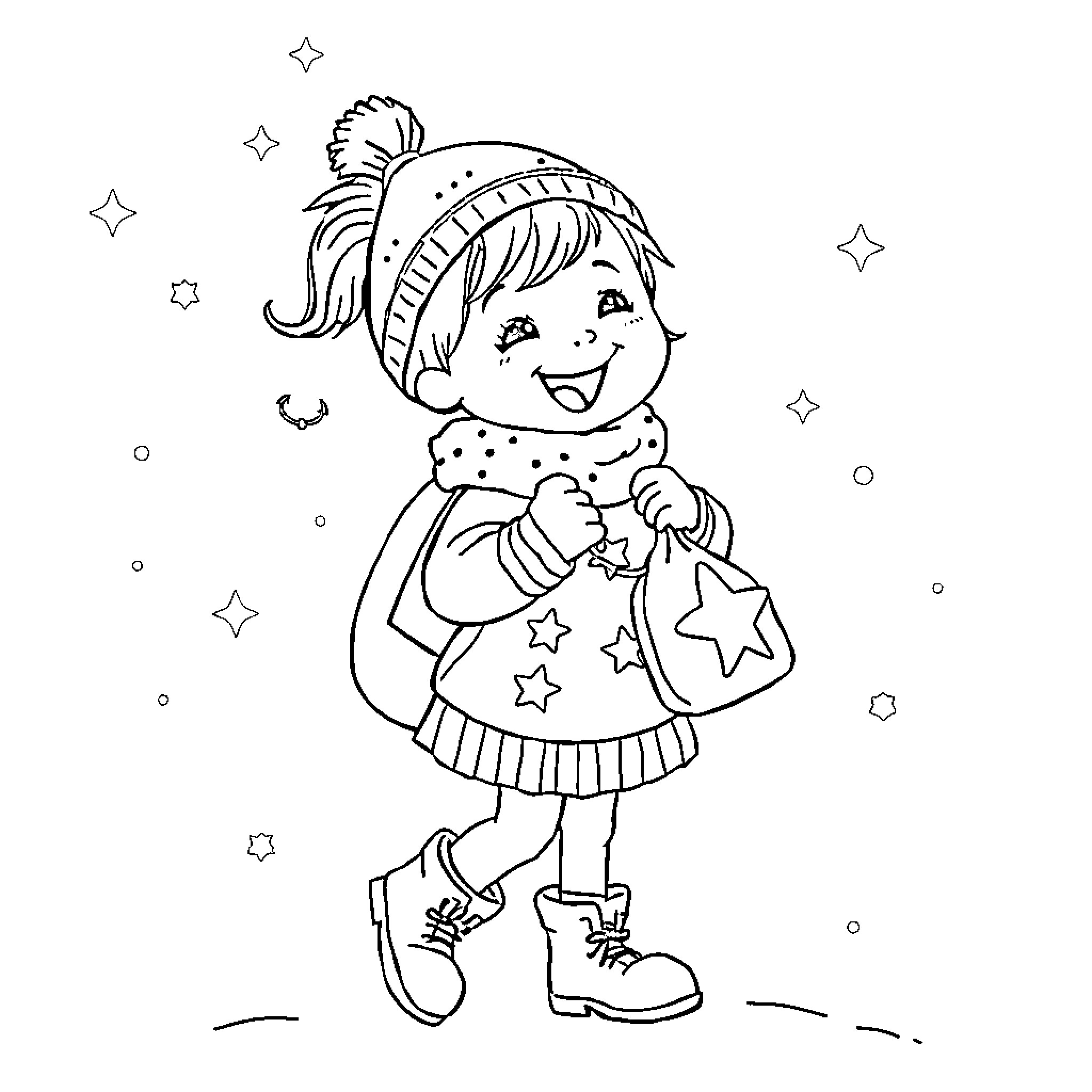 Fille playing with stars in the night Coloring Page (free black-and-white line drawing printable PDF for all, from beginners to advanced learners, including children, teens, adults, and seniors)