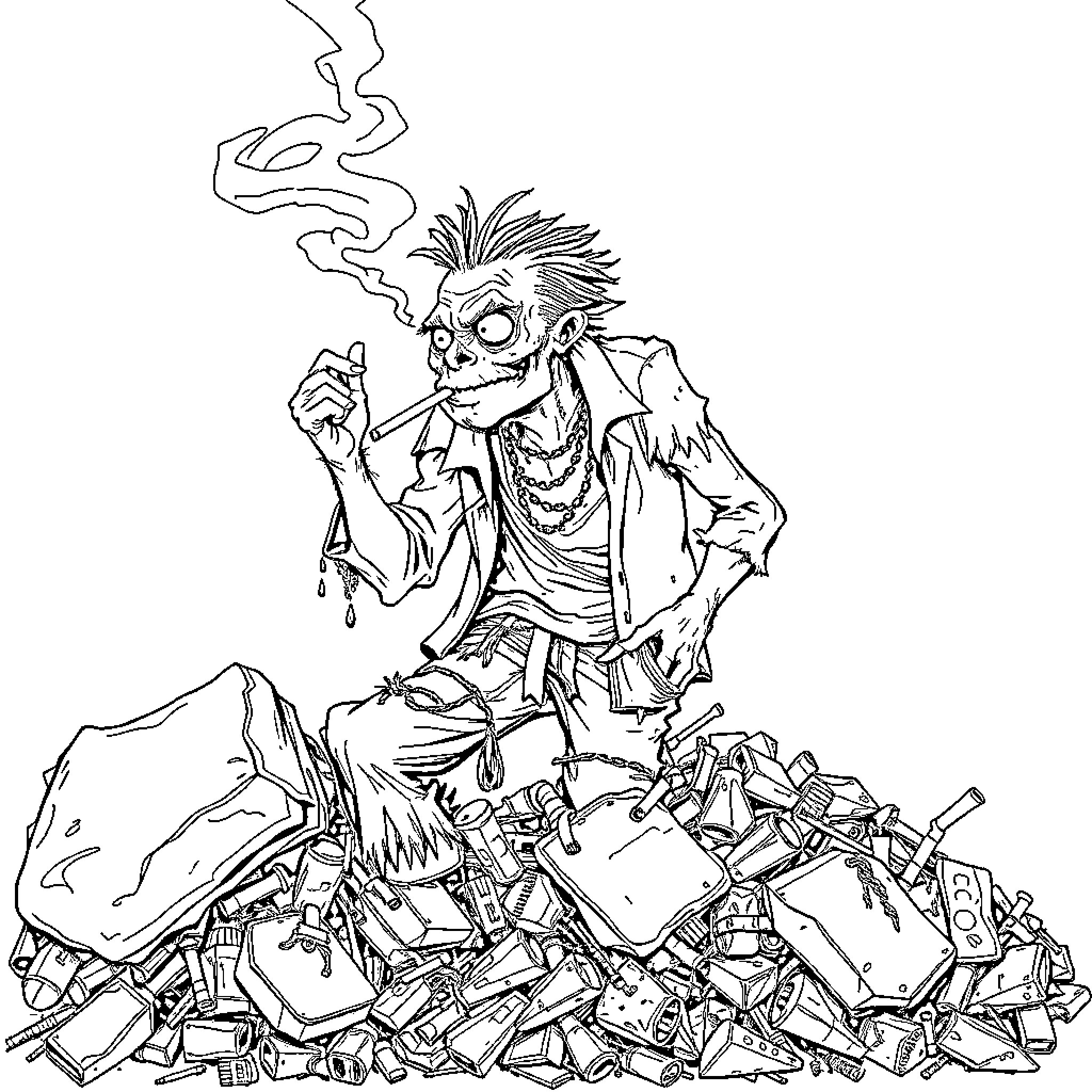 Man sitting on a pile of junk while smoking Coloring Page (free black-and-white line drawing printable PDF for all, from beginners to advanced learners, including children, teens, adults, and seniors)