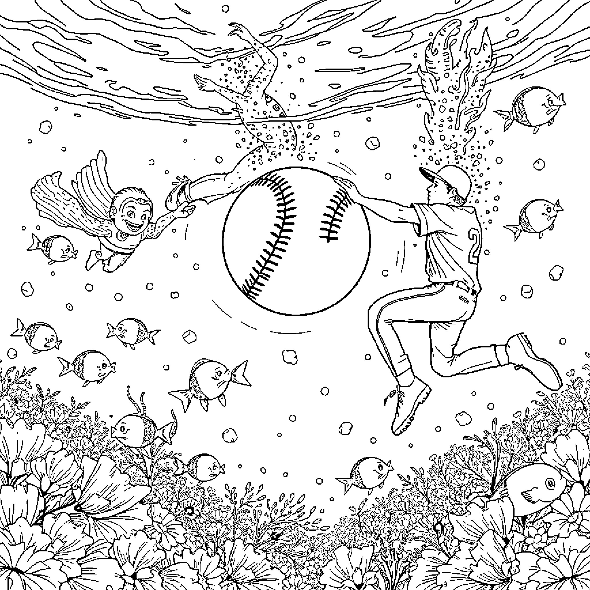 Baseball Players Diving Underwater with Ocean Life Coloring Page (free black-and-white line drawing printable PDF for all, from beginners to advanced learners, including children, teens, adults, and seniors)