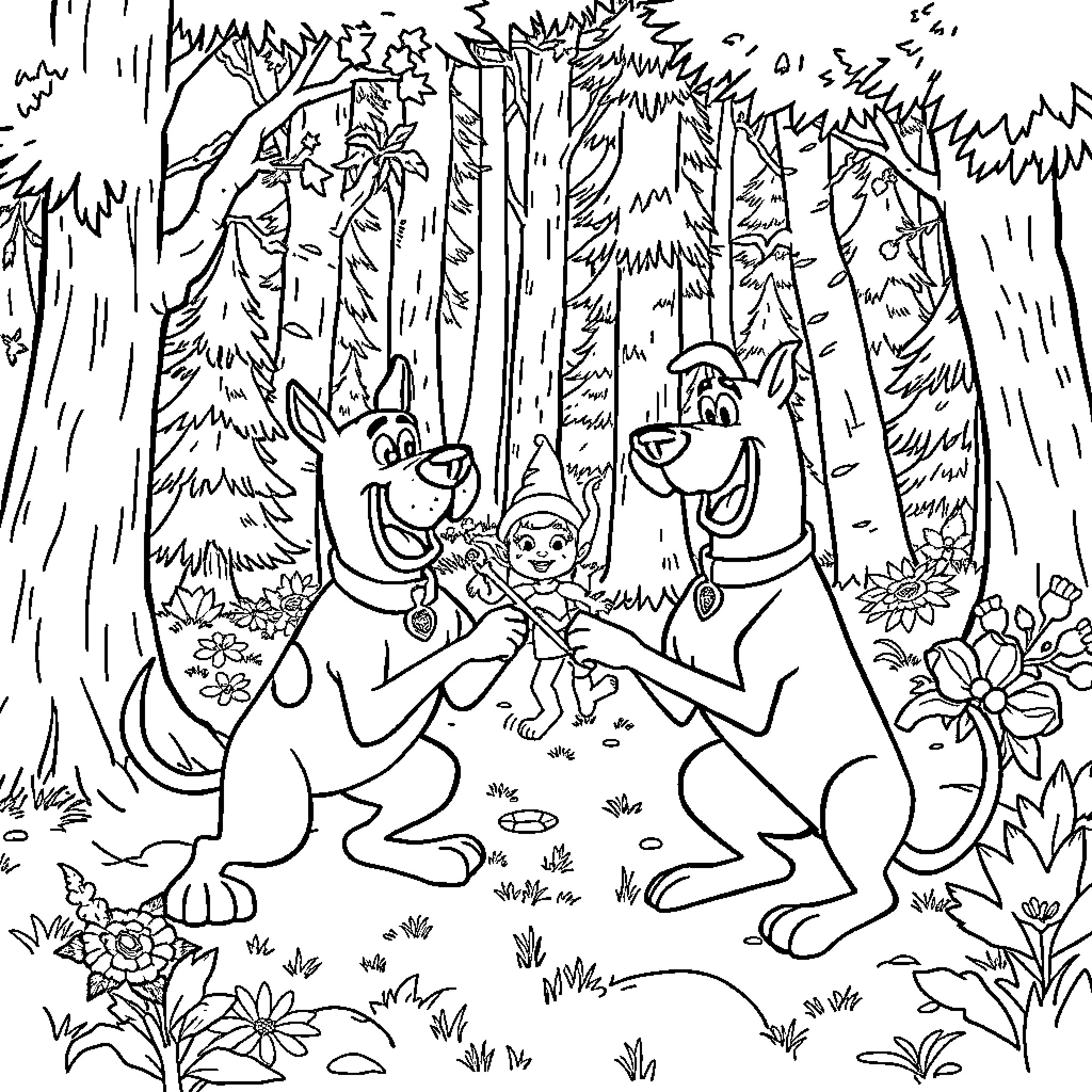 Scooby Doo and friends explore the enchanted forest Coloring Page (free black-and-white line drawing printable PDF for all, from beginners to advanced learners, including children, teens, adults, and seniors)