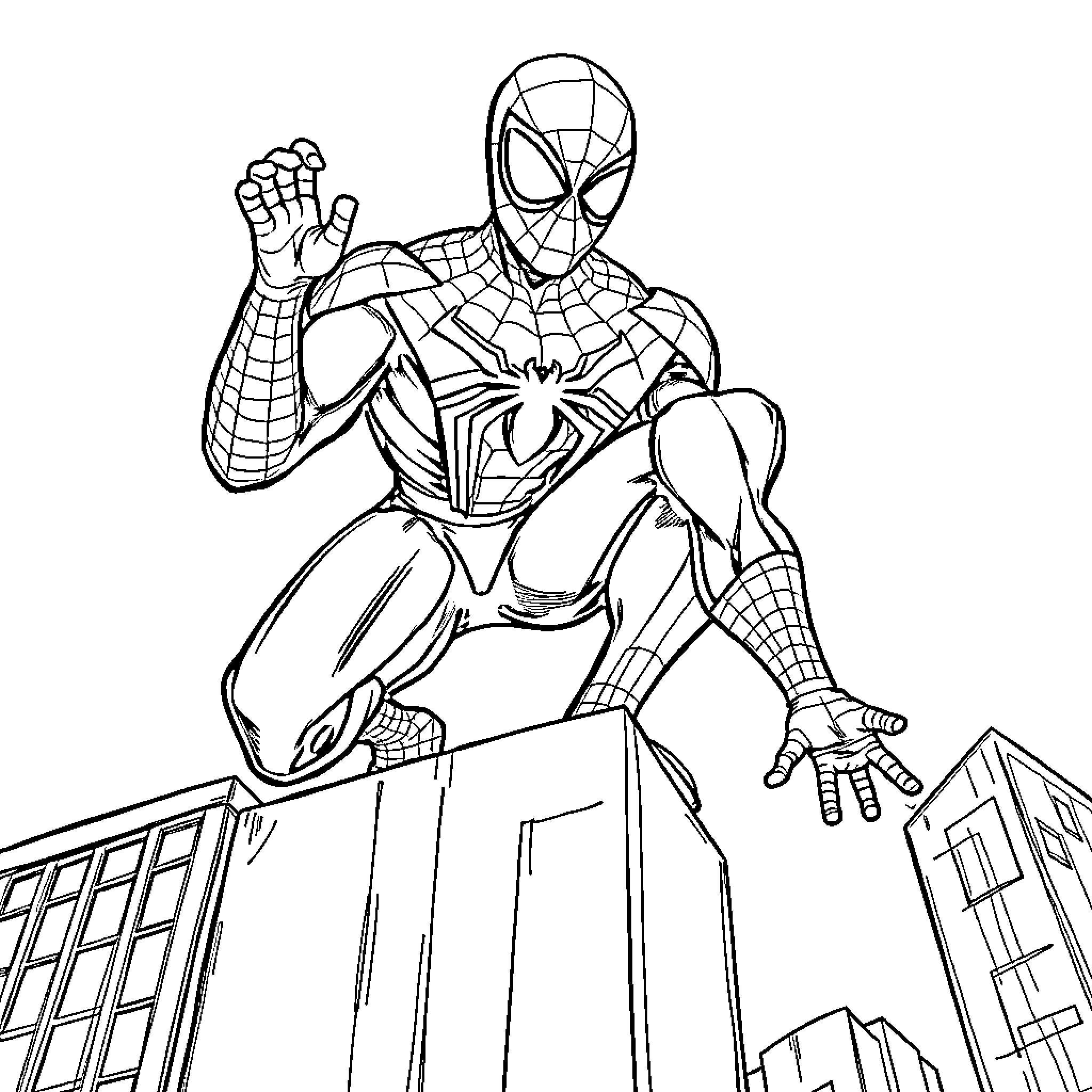 Spiderman swinging heroically through the city Coloring Page (free black-and-white line drawing printable PDF for all, from beginners to advanced learners, including children, teens, adults, and seniors)