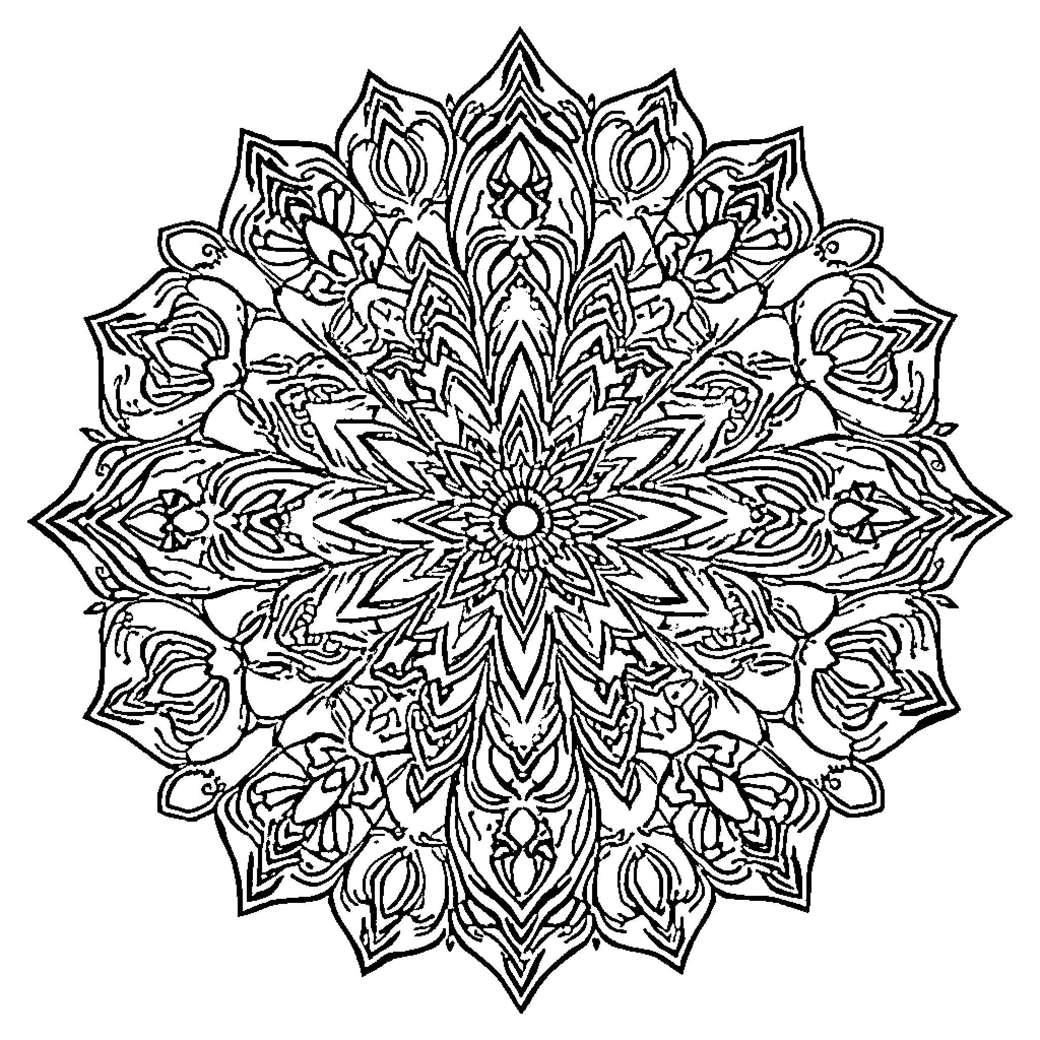 Mandala with intricate floral patterns Coloring Page (free black-and-white line drawing printable PDF for all, from beginners to advanced learners, including children, teens, adults, and seniors)