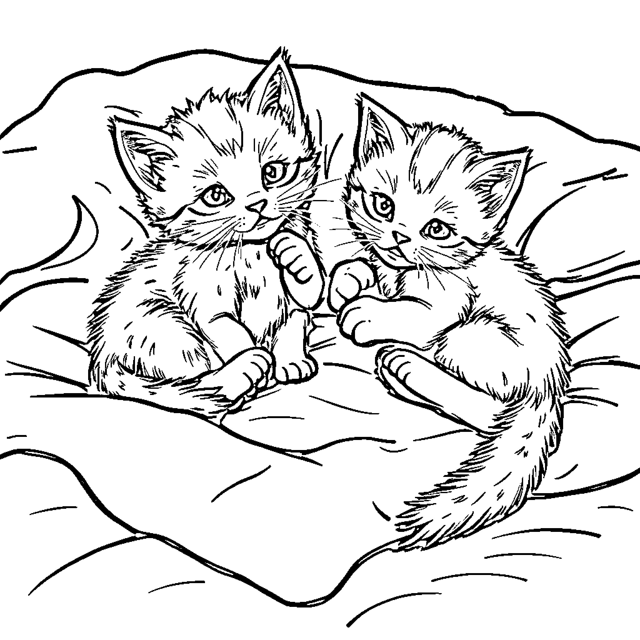 Kittens playing together in a cozy nest Coloring Page (free black-and-white line drawing printable PDF for all, from beginners to advanced learners, including children, teens, adults, and seniors)