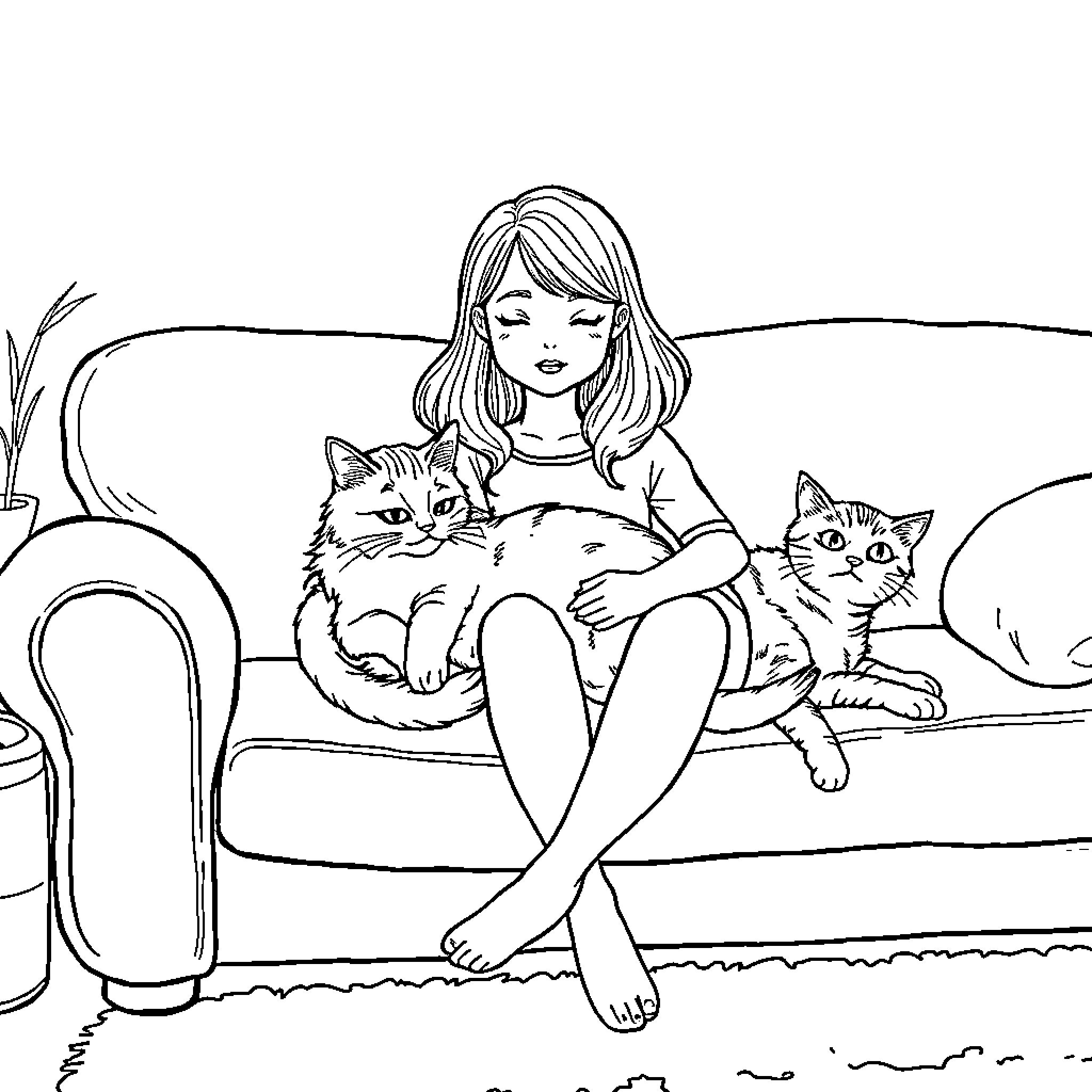 Girl cuddles with her beloved cats on the couch Coloring Page (free black-and-white line drawing printable PDF for all, from beginners to advanced learners, including children, teens, adults, and seniors)