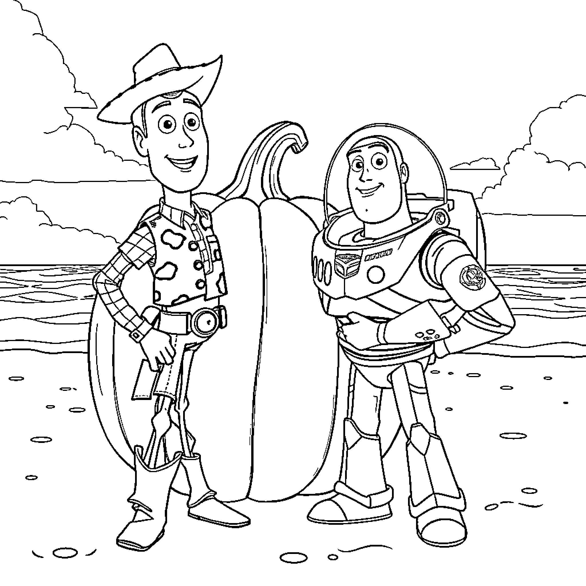 Woody and Buzz adventure on the beach Coloring Page (free black-and-white line drawing printable PDF for all, from beginners to advanced learners, including children, teens, adults, and seniors)
