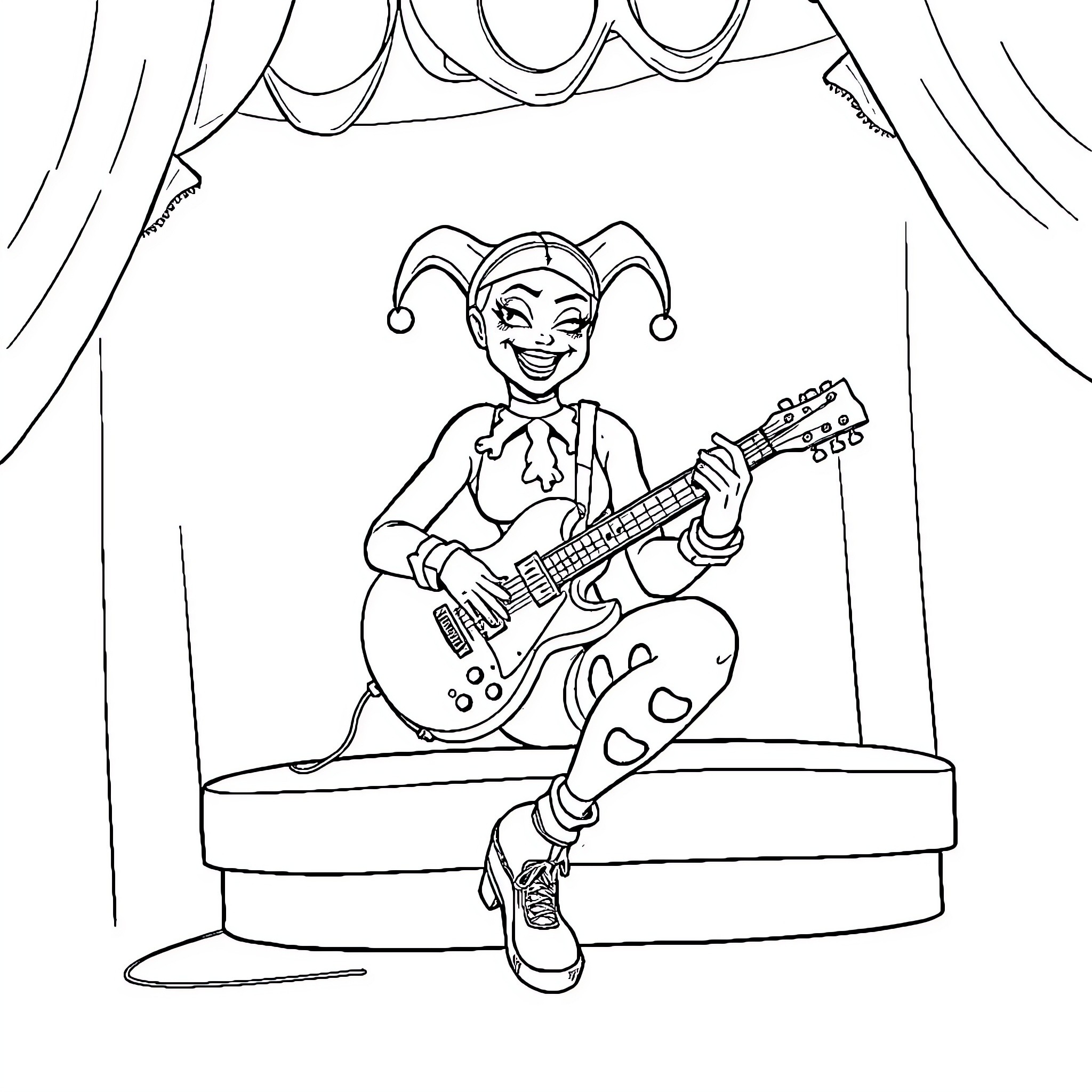 Harley Quinn performing on stage with guitar Coloring Page (free black-and-white line drawing printable PDF for all, from beginners to advanced learners, including children, teens, adults, and seniors)