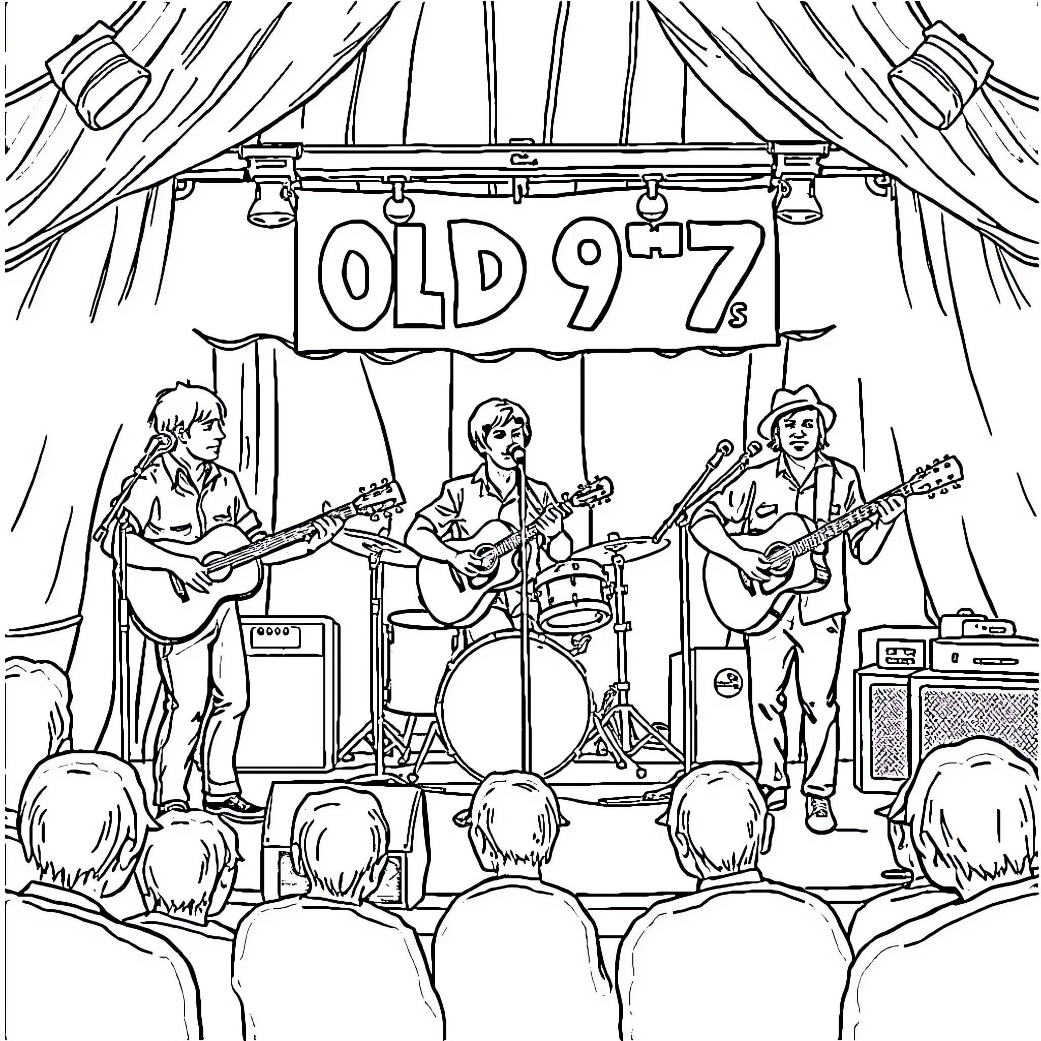 Old 97's performing live on stage Coloring Page (free black-and-white line drawing printable PDF for all, from beginners to advanced learners, including children, teens, adults, and seniors)