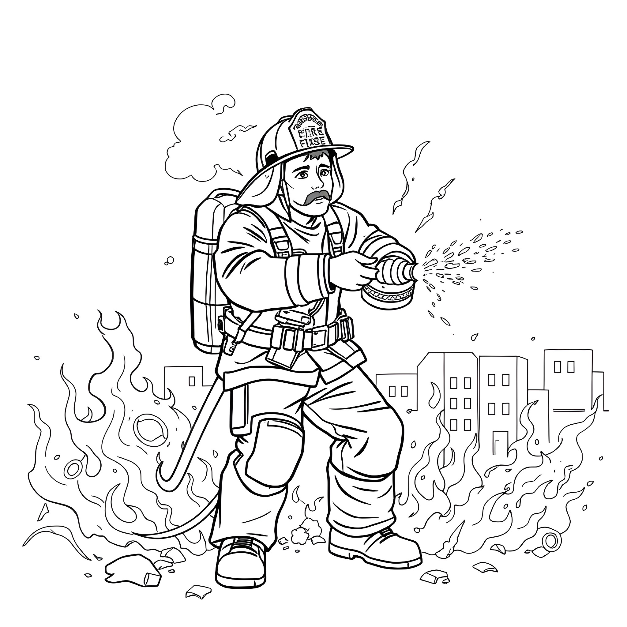 Firefighter spraying water to extinguish flames Coloring Page (free black-and-white line drawing printable PDF for all, from beginners to advanced learners, including children, teens, adults, and seniors)