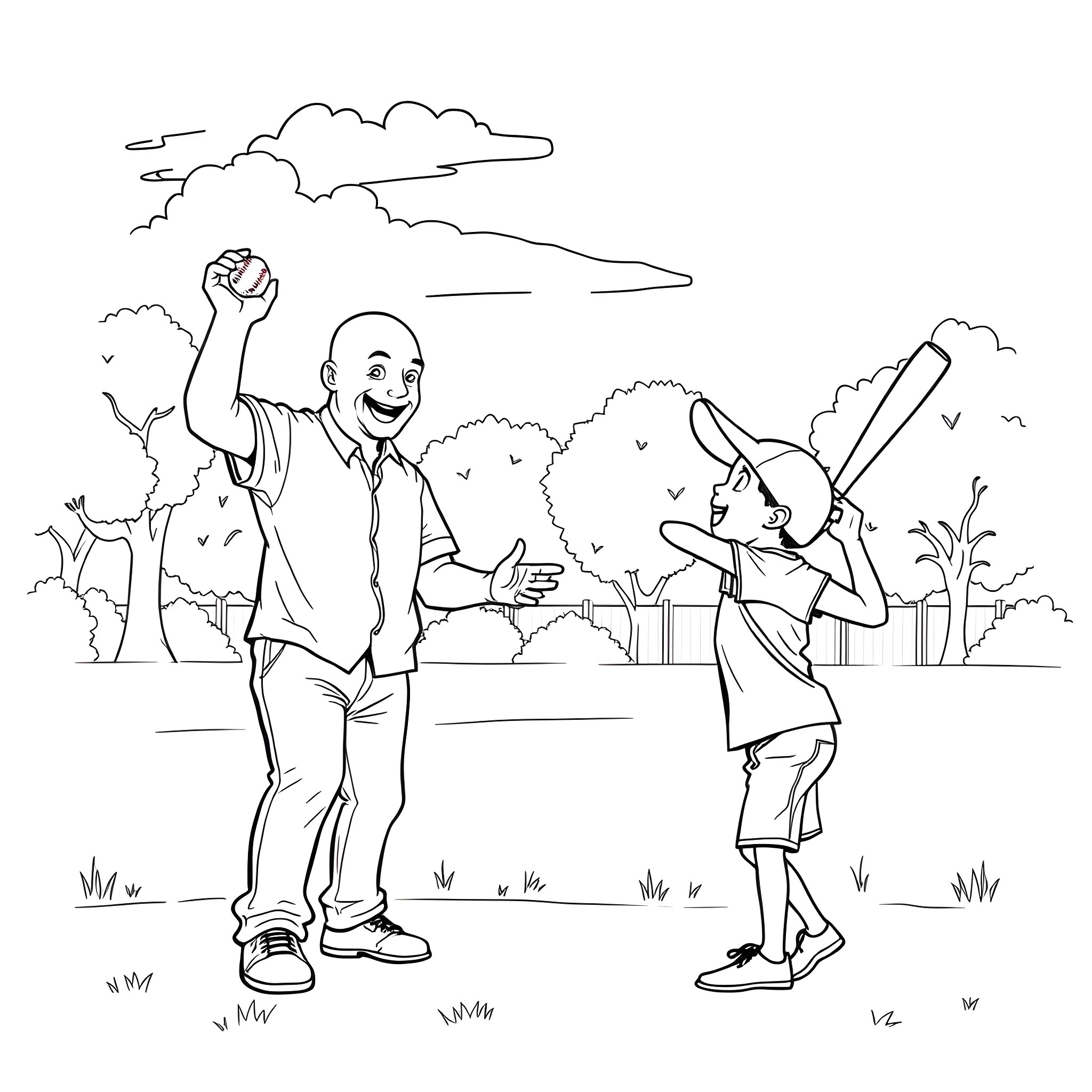 Father and child happily playing together outdoors Coloring Page (free black-and-white line drawing printable PDF for all, from beginners to advanced learners, including children, teens, adults, and seniors)