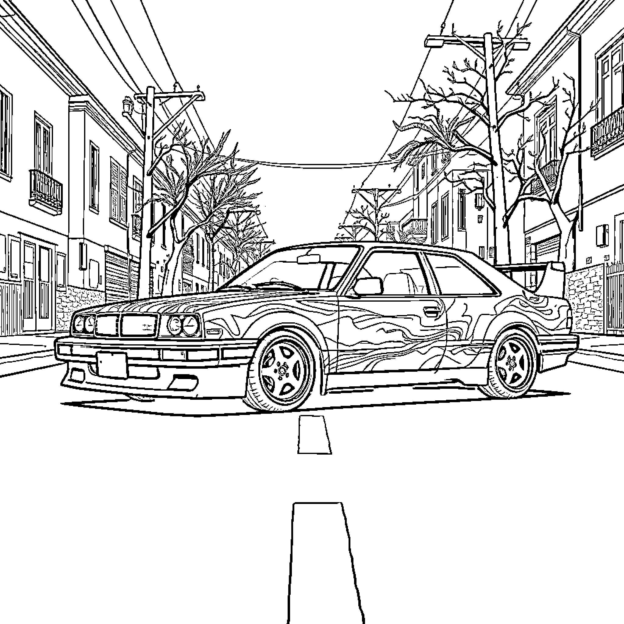 Car racing through urban city street Coloring Page (free black-and-white line drawing printable PDF for all, from beginners to advanced learners, including children, teens, adults, and seniors)