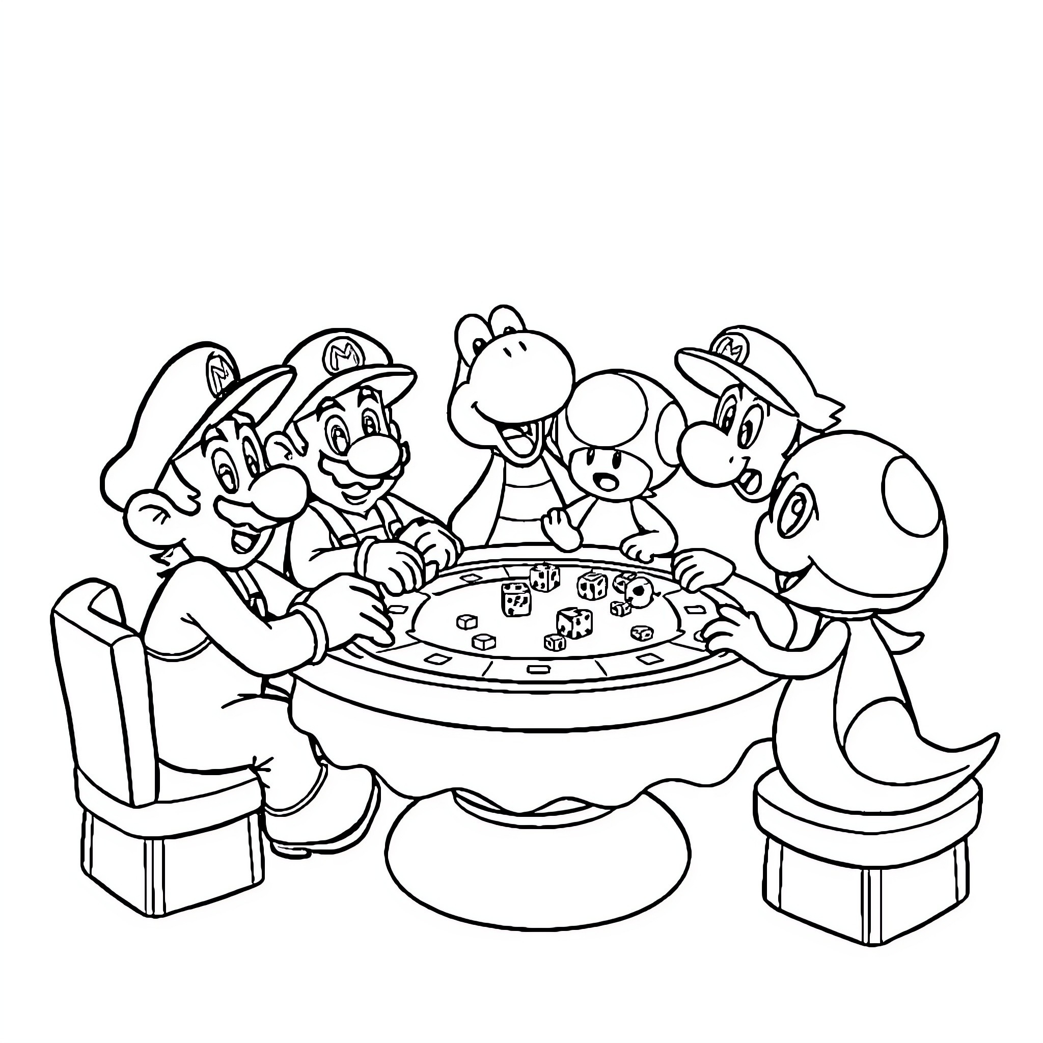 Mario and Friends Enjoying a Meal Together Coloring Page (free black-and-white line drawing printable PDF for all, from beginners to advanced learners, including children, teens, adults, and seniors)