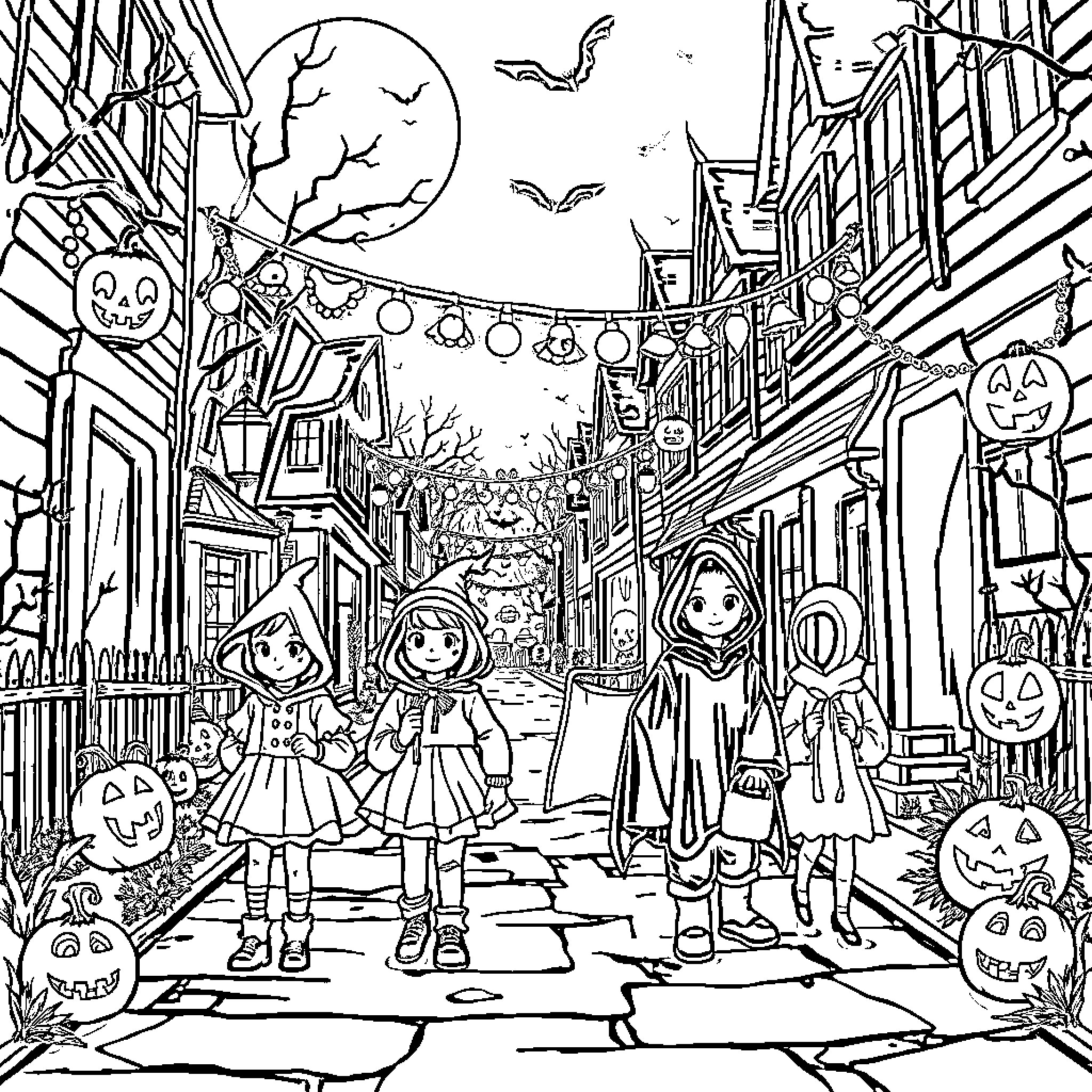 Halloween in the Spooky Town Coloring Page (free black-and-white line drawing printable PDF for all, from beginners to advanced learners, including children, teens, adults, and seniors)
