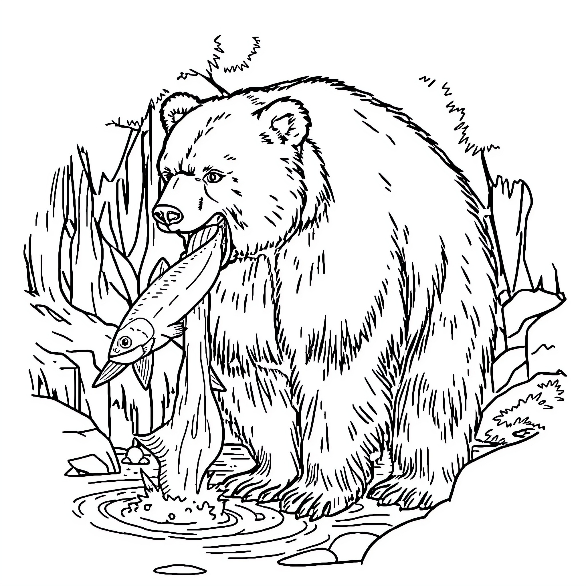 Bear Catching Fish in the Forest Coloring Page (free black-and-white line drawing printable PDF for all, from beginners to advanced learners, including children, teens, adults, and seniors)