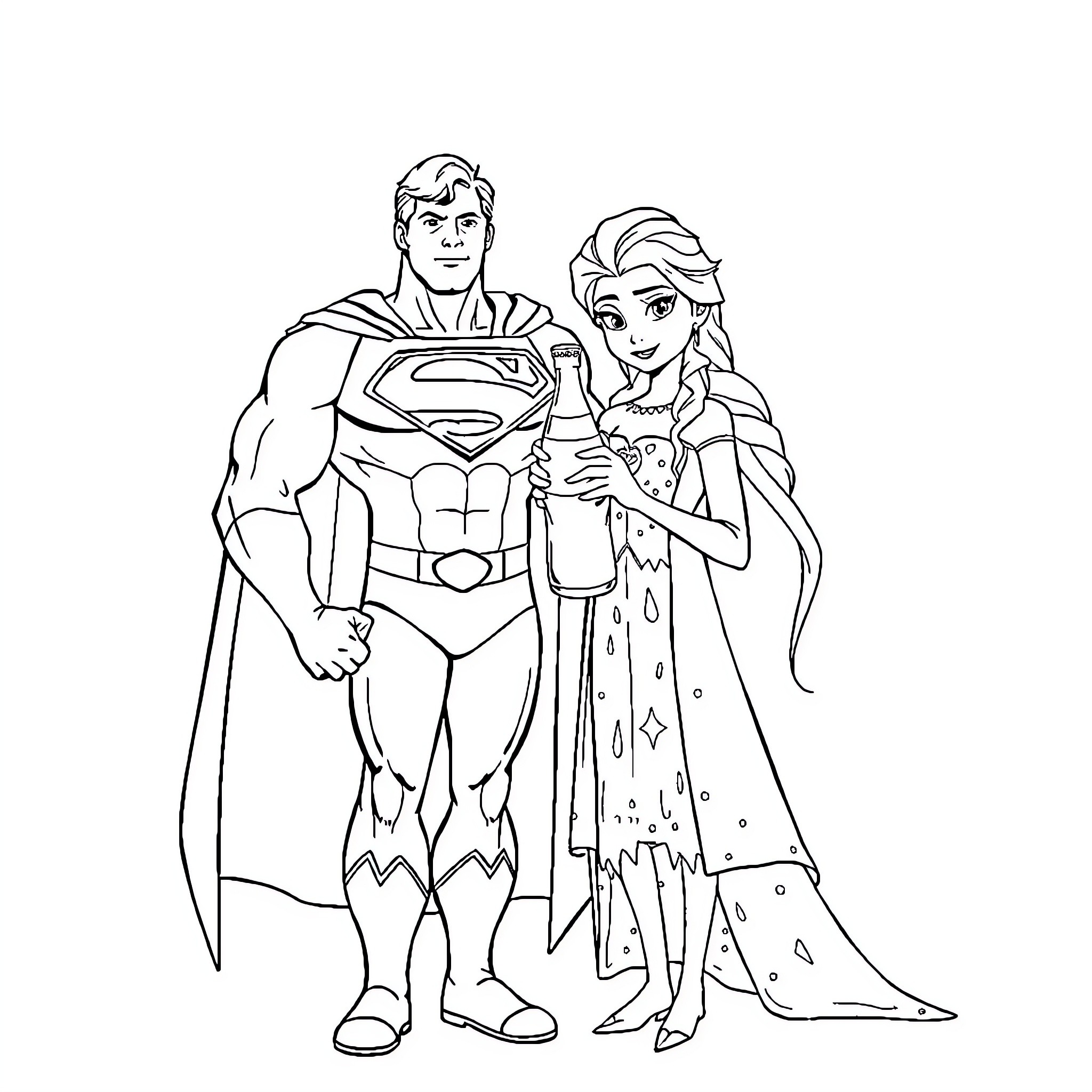 Superman and Frozen Princess Team Up Coloring Page (free black-and-white line drawing printable PDF for all, from beginners to advanced learners, including children, teens, adults, and seniors)