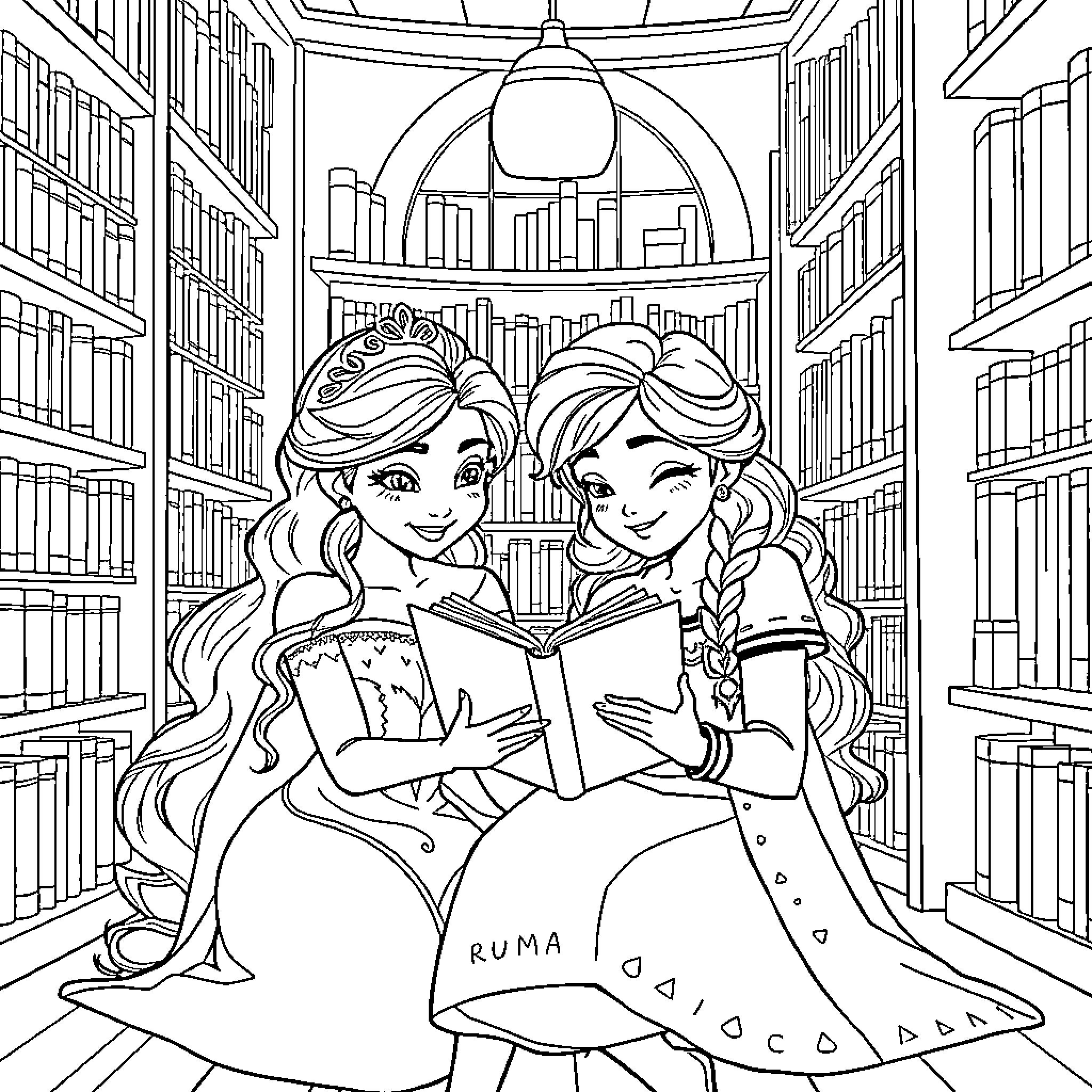 Princess sisters reading together in library Coloring Page (free black-and-white line drawing printable PDF for all, from beginners to advanced learners, including children, teens, adults, and seniors)