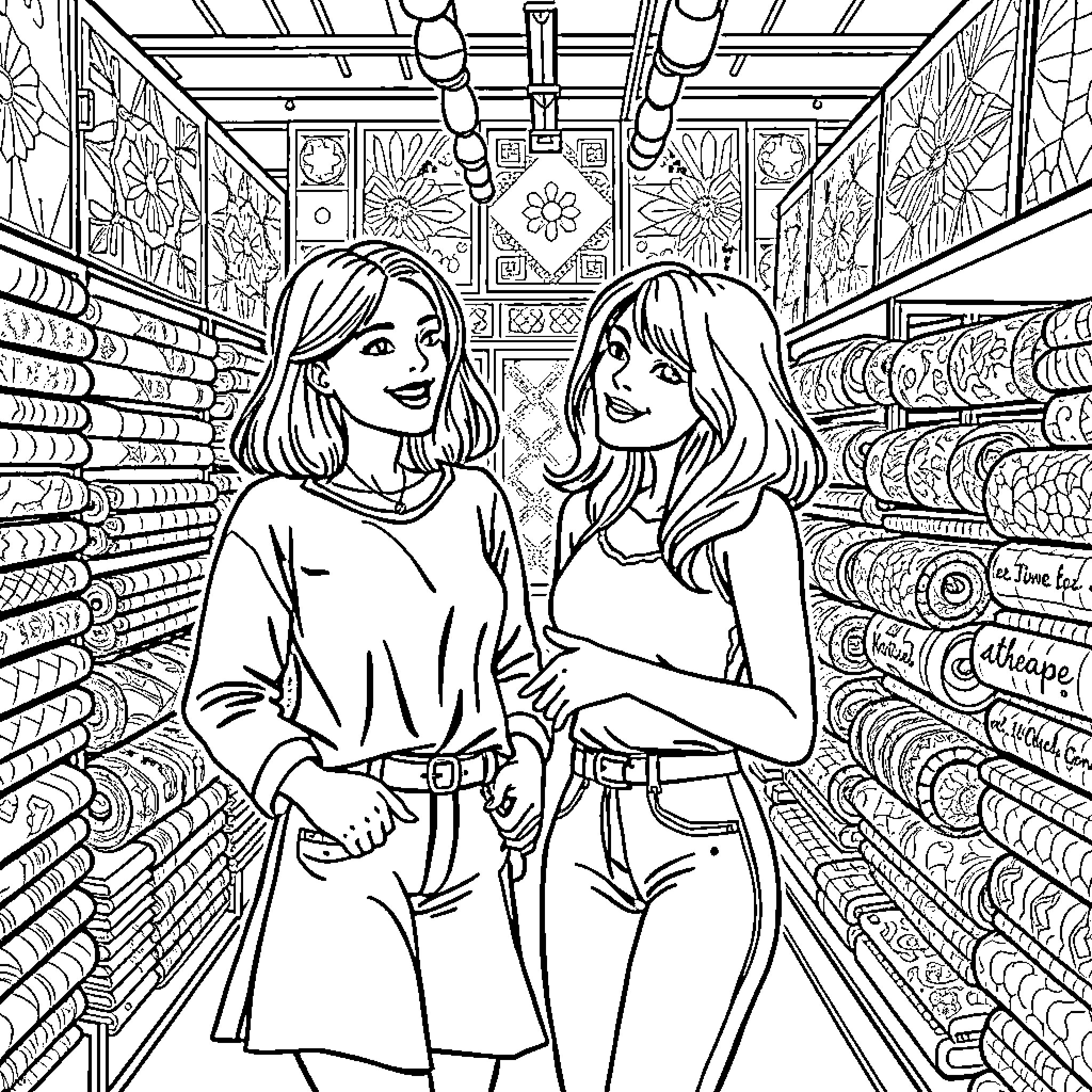 Friend shopping together in a colorful store Coloring Page (free black-and-white line drawing printable PDF for all, from beginners to advanced learners, including children, teens, adults, and seniors)