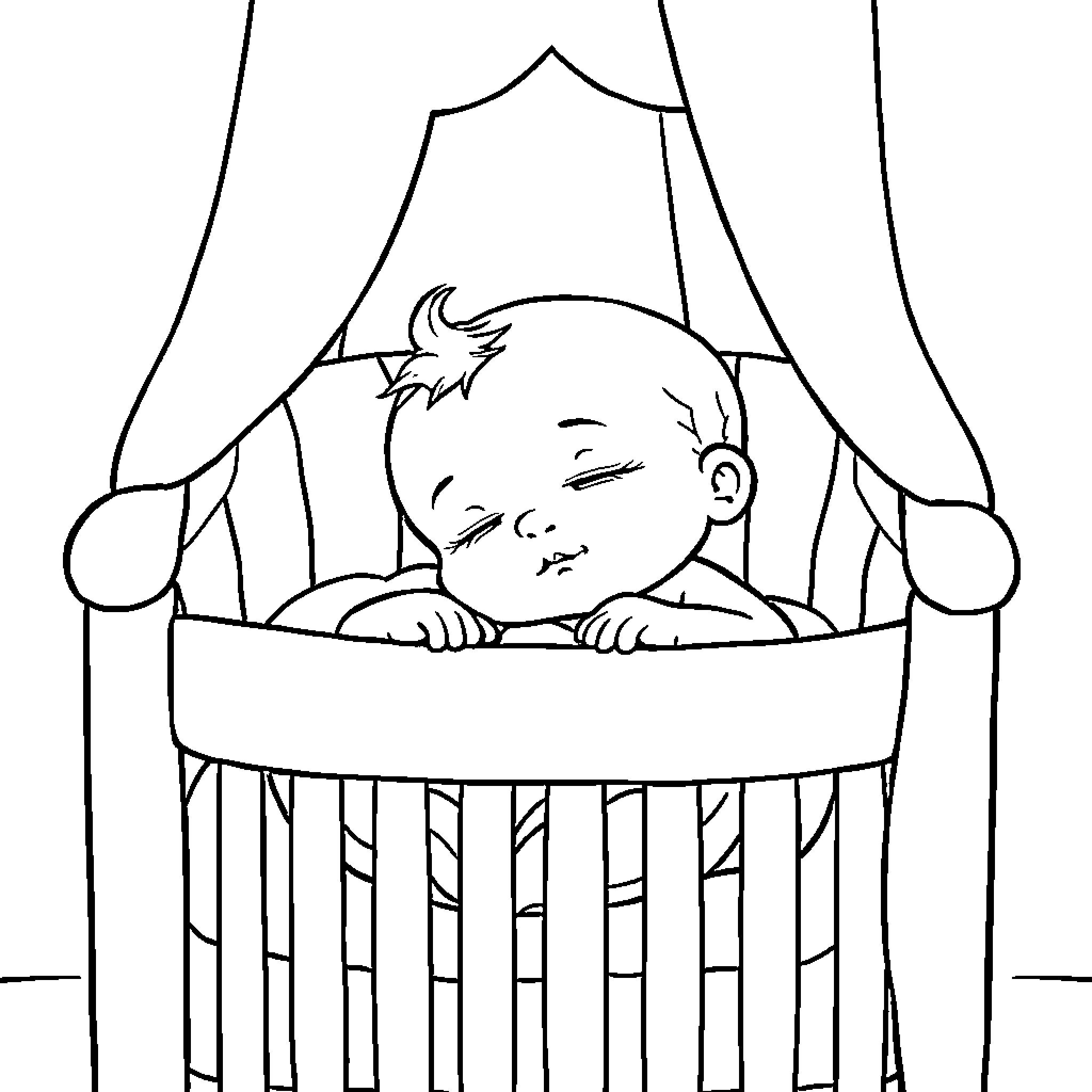 Baby Saja sleeping peacefully in crib Coloring Page (free black-and-white line drawing printable PDF for all, from beginners to advanced learners, including children, teens, adults, and seniors)