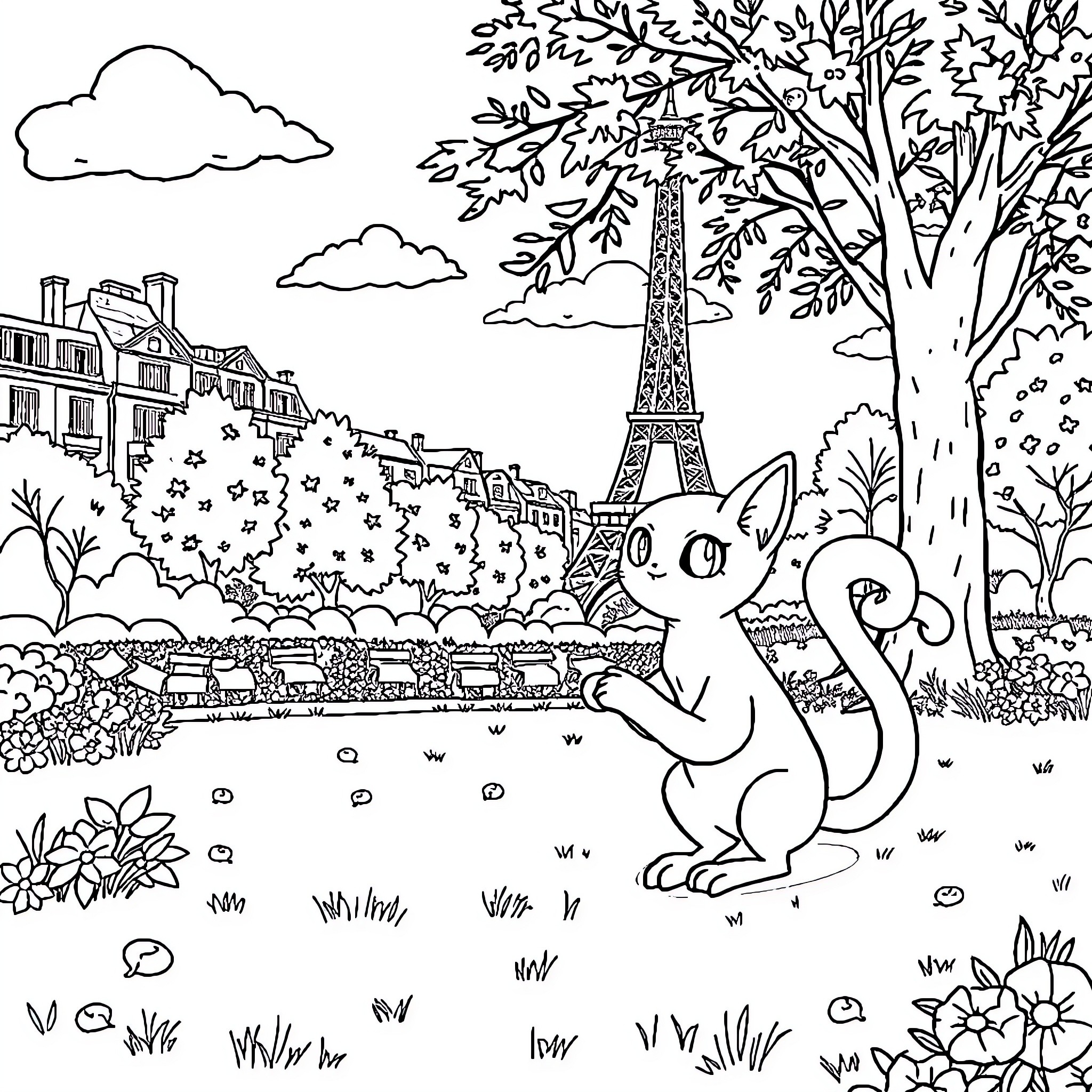 Mew enjoying a relaxing day in Paris Coloring Page (free black-and-white line drawing printable PDF for all, from beginners to advanced learners, including children, teens, adults, and seniors)