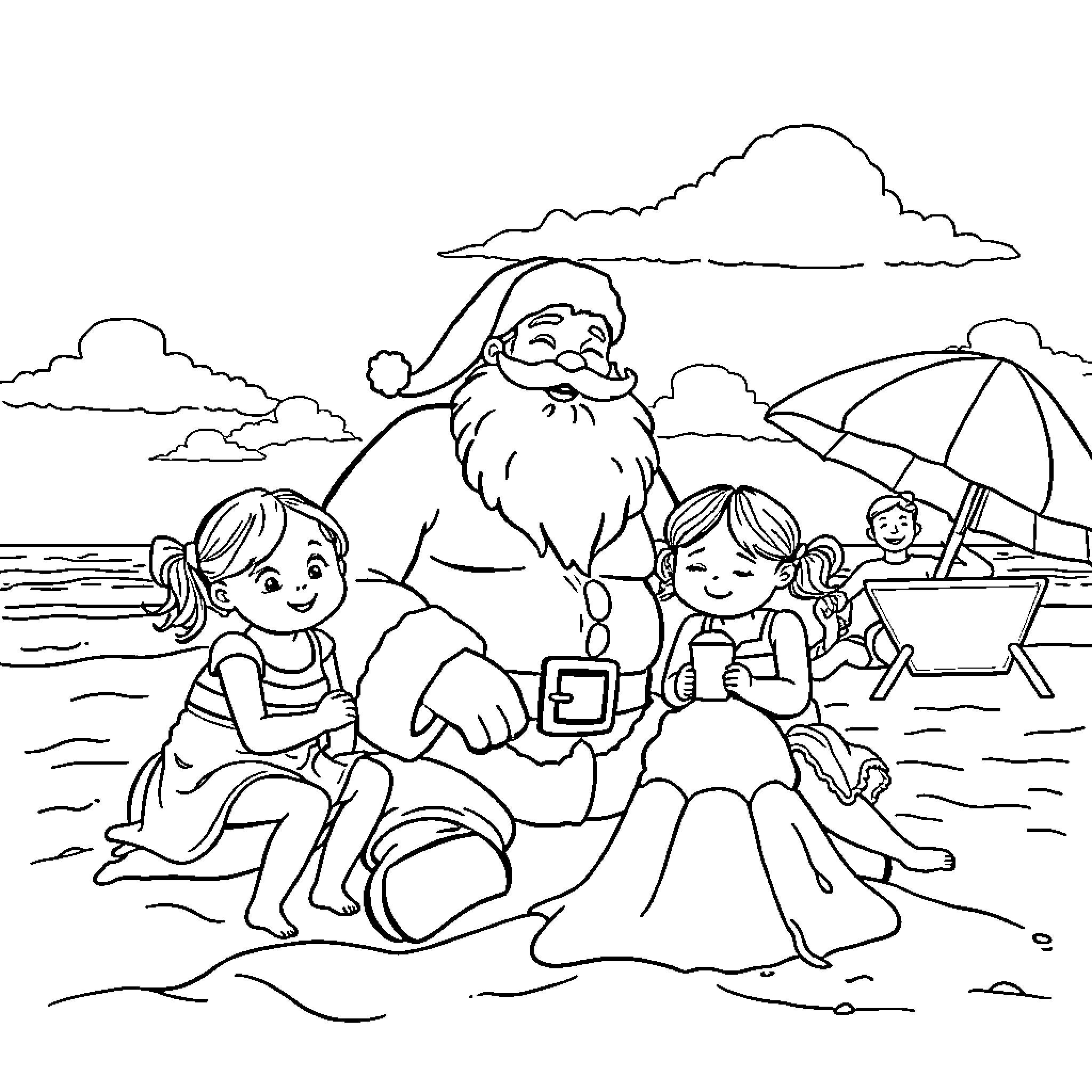 Santa enjoying a day at the beach with children Coloring Page (free black-and-white line drawing printable PDF for all, from beginners to advanced learners, including children, teens, adults, and seniors)