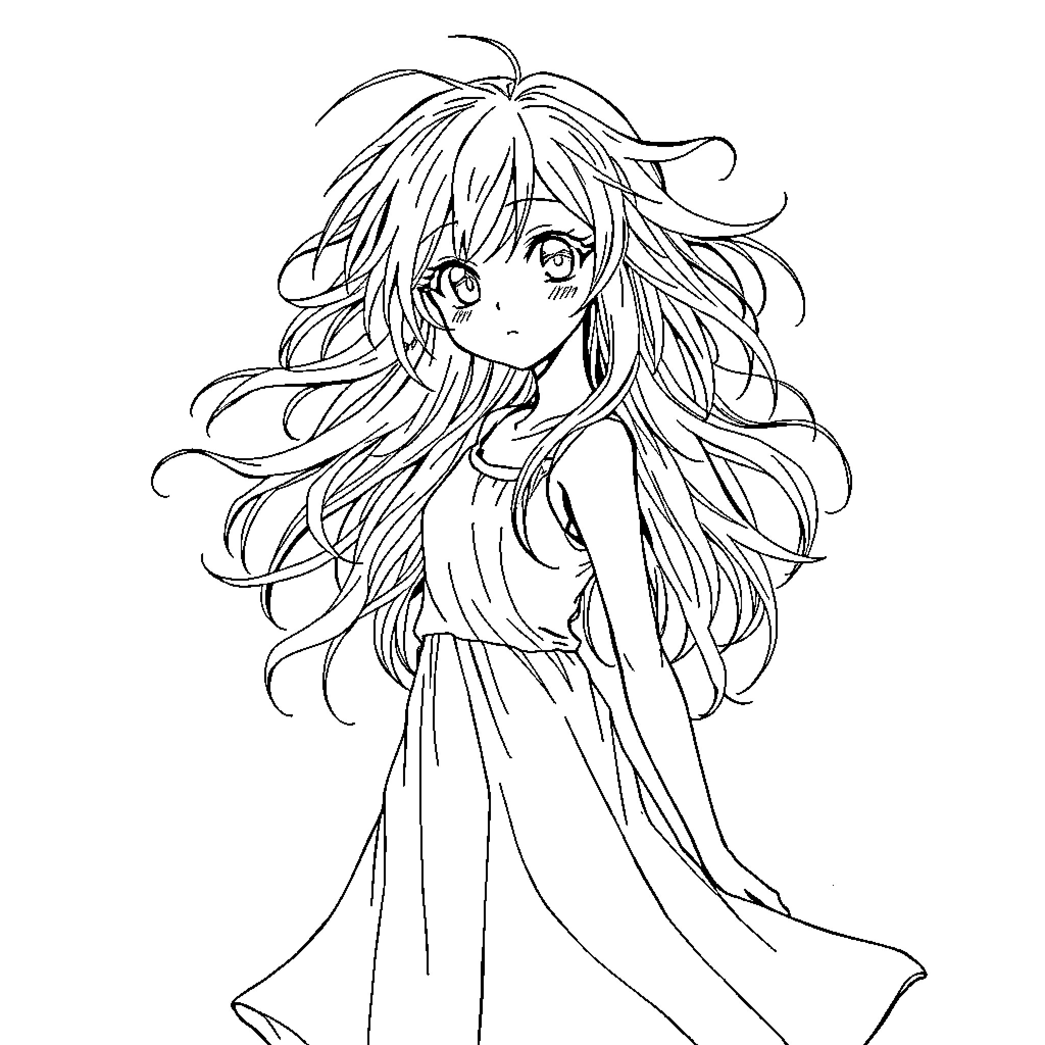 Anime Girl with Flowing Hair and Elegant Dress Coloring Page (free black-and-white line drawing printable PDF for all, from beginners to advanced learners, including children, teens, adults, and seniors)