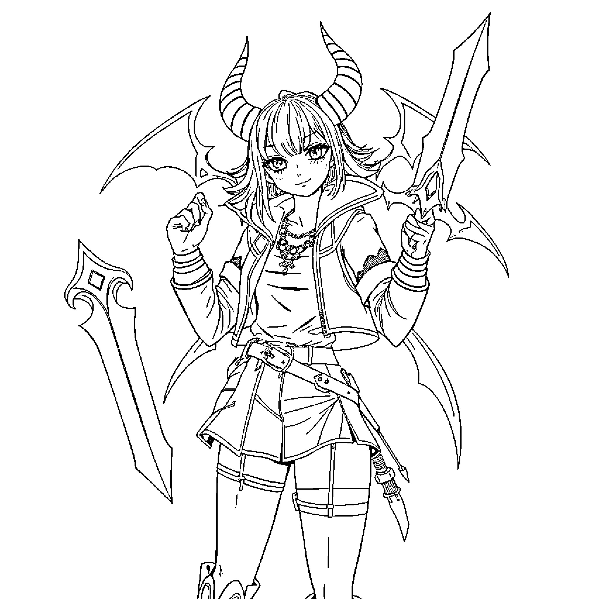Brielle, the Demonic Warrior Maiden Coloring Page (free black-and-white line drawing printable PDF for all, from beginners to advanced learners, including children, teens, adults, and seniors)