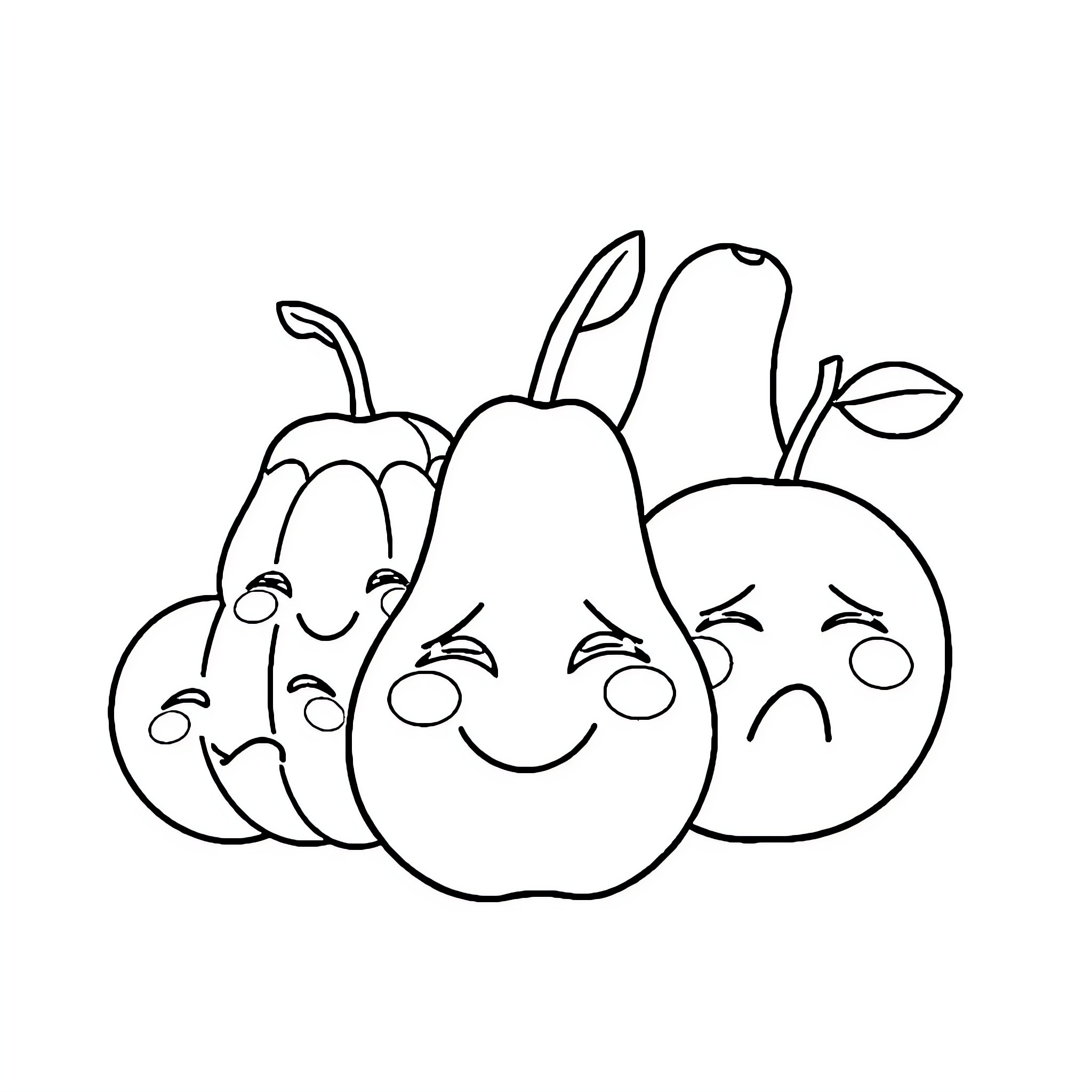 Fruit characters with expressive faces Coloring Page (free black-and-white line drawing printable PDF for all, from beginners to advanced learners, including children, teens, adults, and seniors)