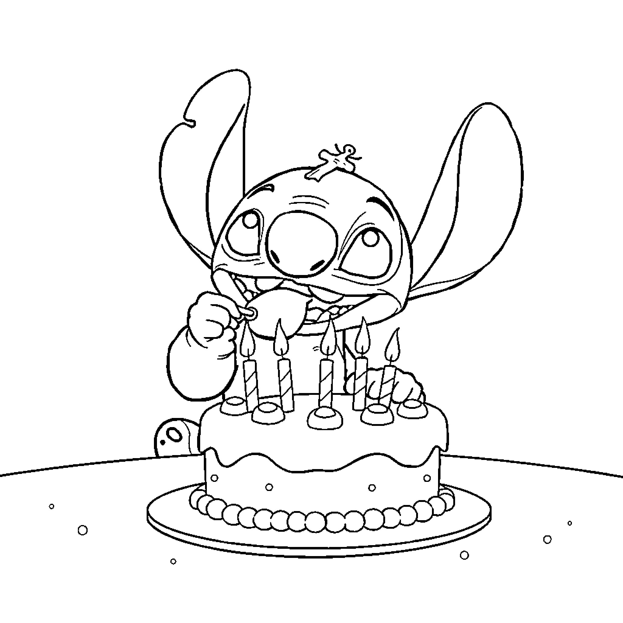 Stitch Celebrates with Birthday Cake Coloring Page (free black-and-white line drawing printable PDF for all, from beginners to advanced learners, including children, teens, adults, and seniors)