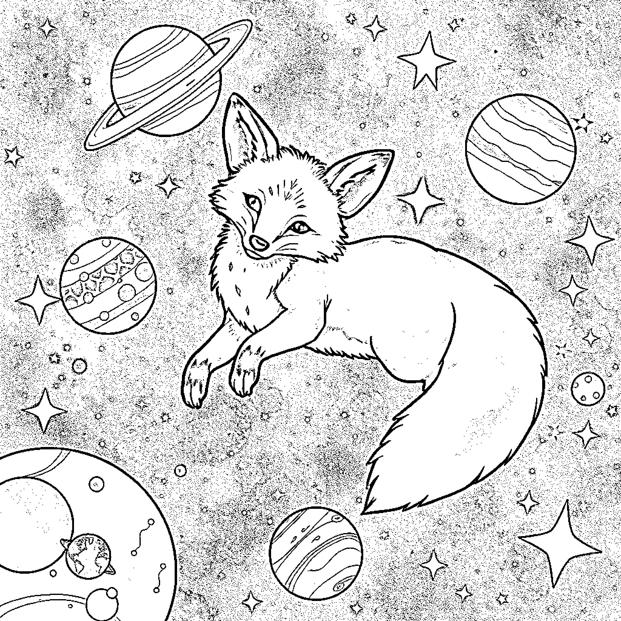 Fox exploring the cosmic realm amidst the stars Coloring Page (free black-and-white line drawing printable PDF for all, from beginners to advanced learners, including children, teens, adults, and seniors)