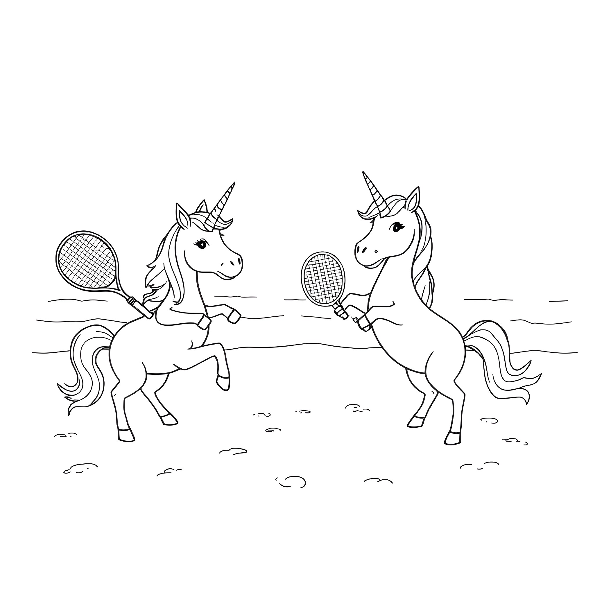 Unicorn Unicorns Playing Tennis on the Field Coloring Page (free black-and-white line drawing printable PDF for all, from beginners to advanced learners, including children, teens, adults, and seniors)