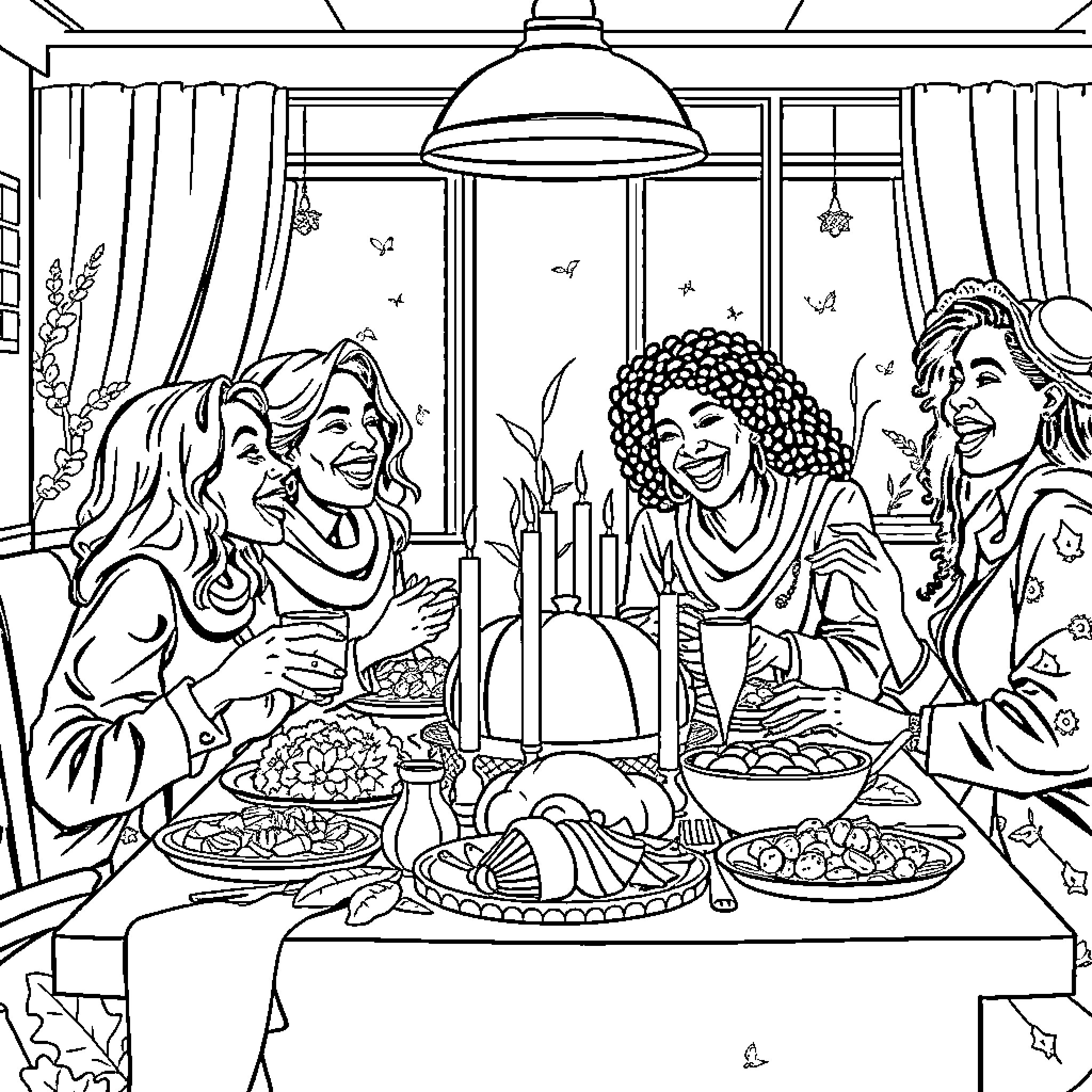 Mom enjoying a family meal with loved ones Coloring Page (free black-and-white line drawing printable PDF for all, from beginners to advanced learners, including children, teens, adults, and seniors)