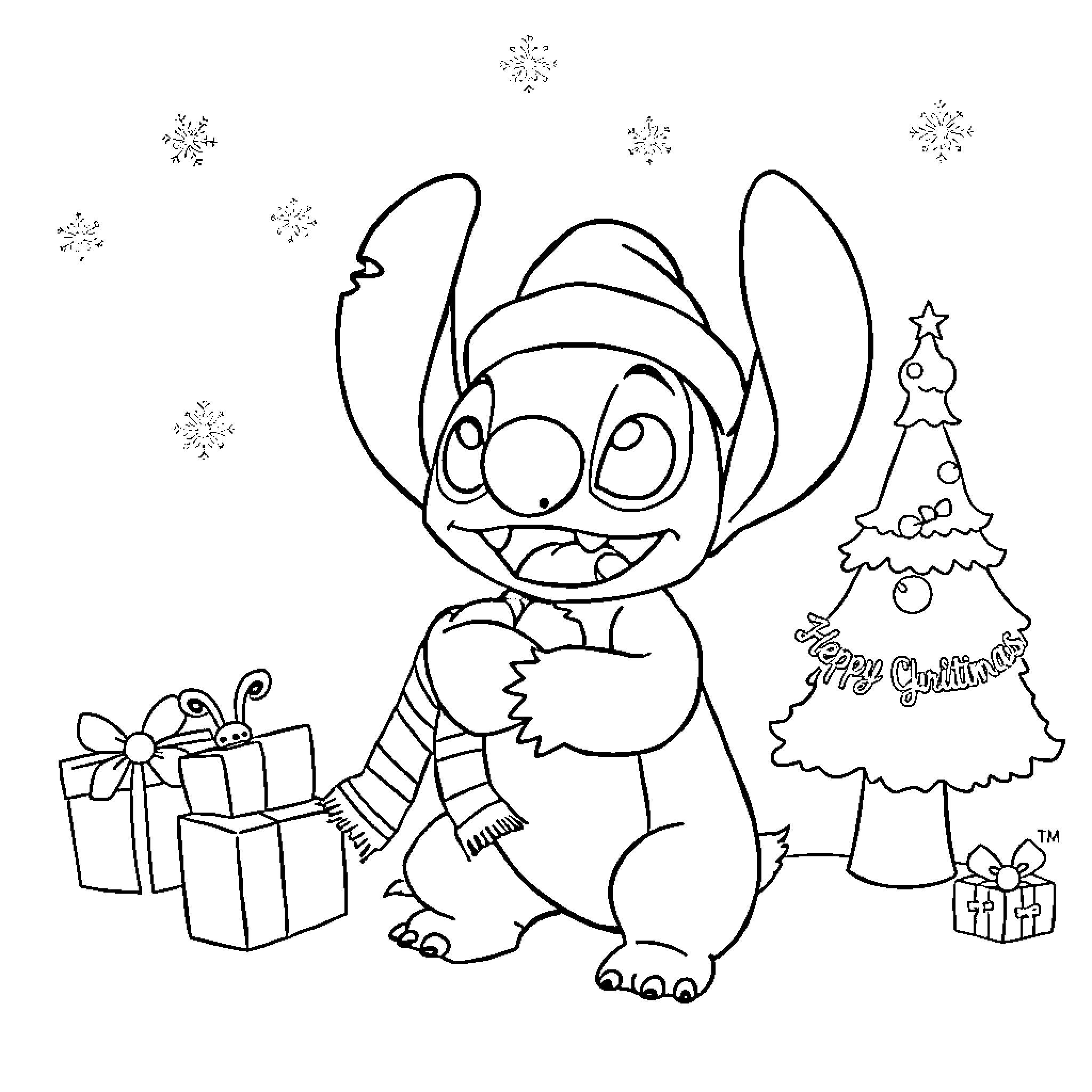 Lilo And Stitch Enjoying Christmas with Gifts and Tree Coloring Page (free black-and-white line drawing printable PDF for all, from beginners to advanced learners, including children, teens, adults, and seniors)