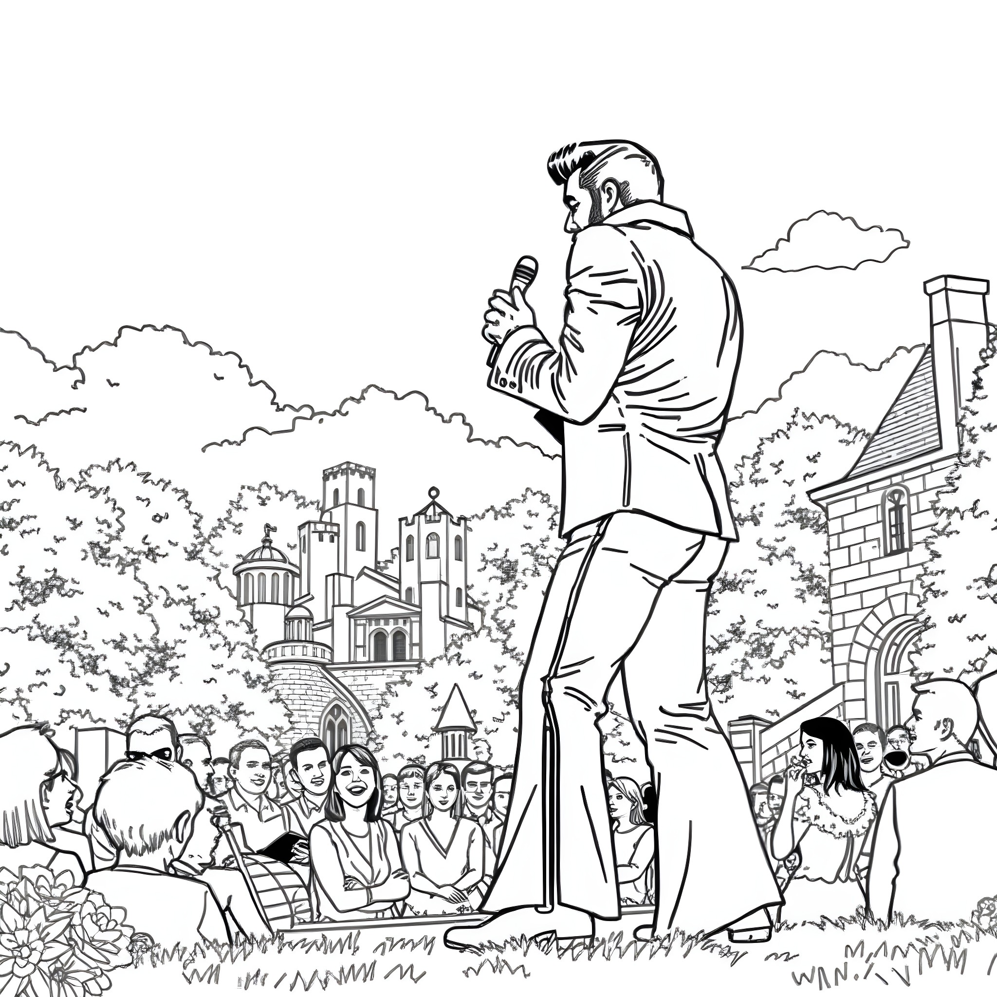 Elvis Presley performing on stage in front of a crowd Coloring Page (free black-and-white line drawing printable PDF for all, from beginners to advanced learners, including children, teens, adults, and seniors)