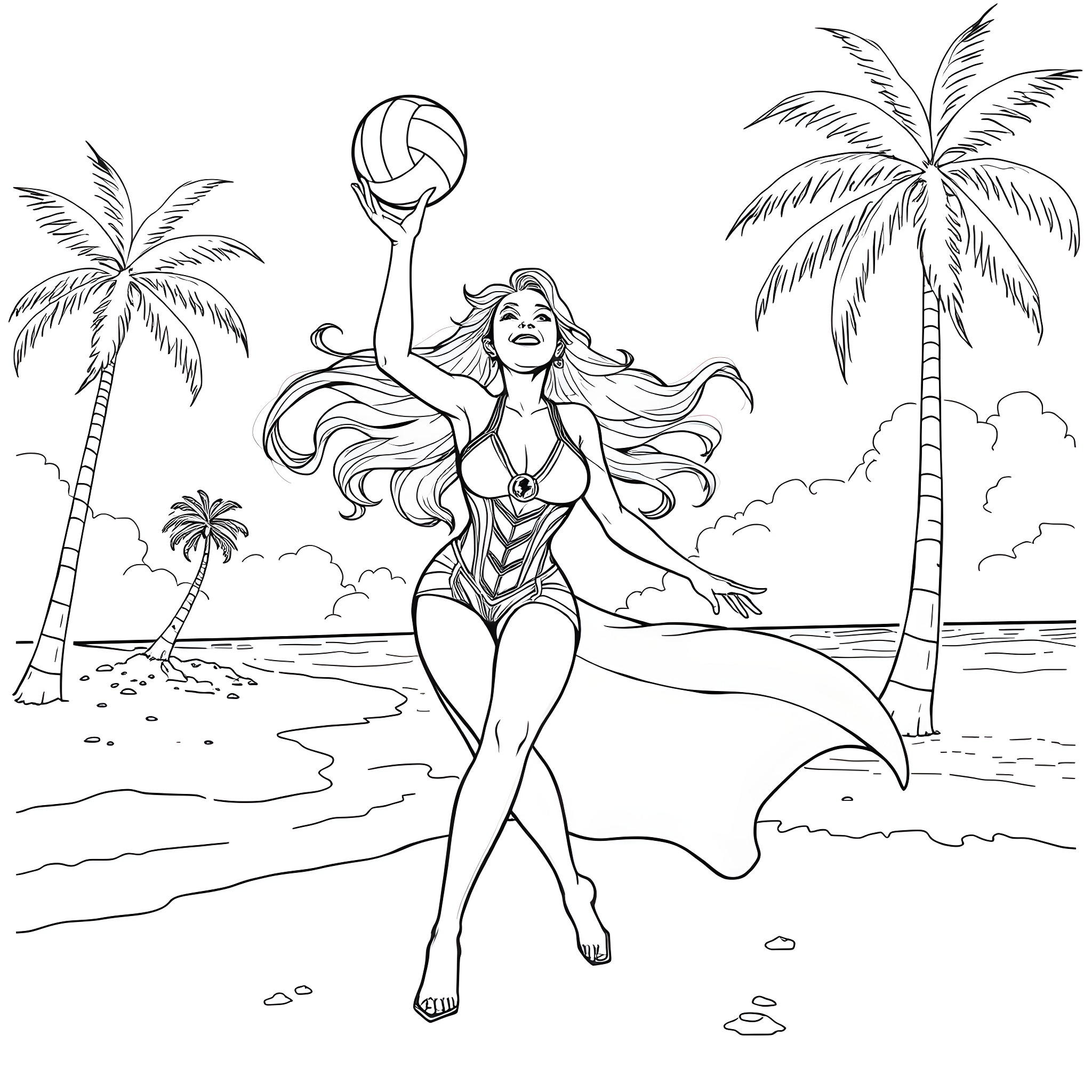 Scarlet Witch enjoying a beach day with volleyball Coloring Page (free black-and-white line drawing printable PDF for all, from beginners to advanced learners, including children, teens, adults, and seniors)