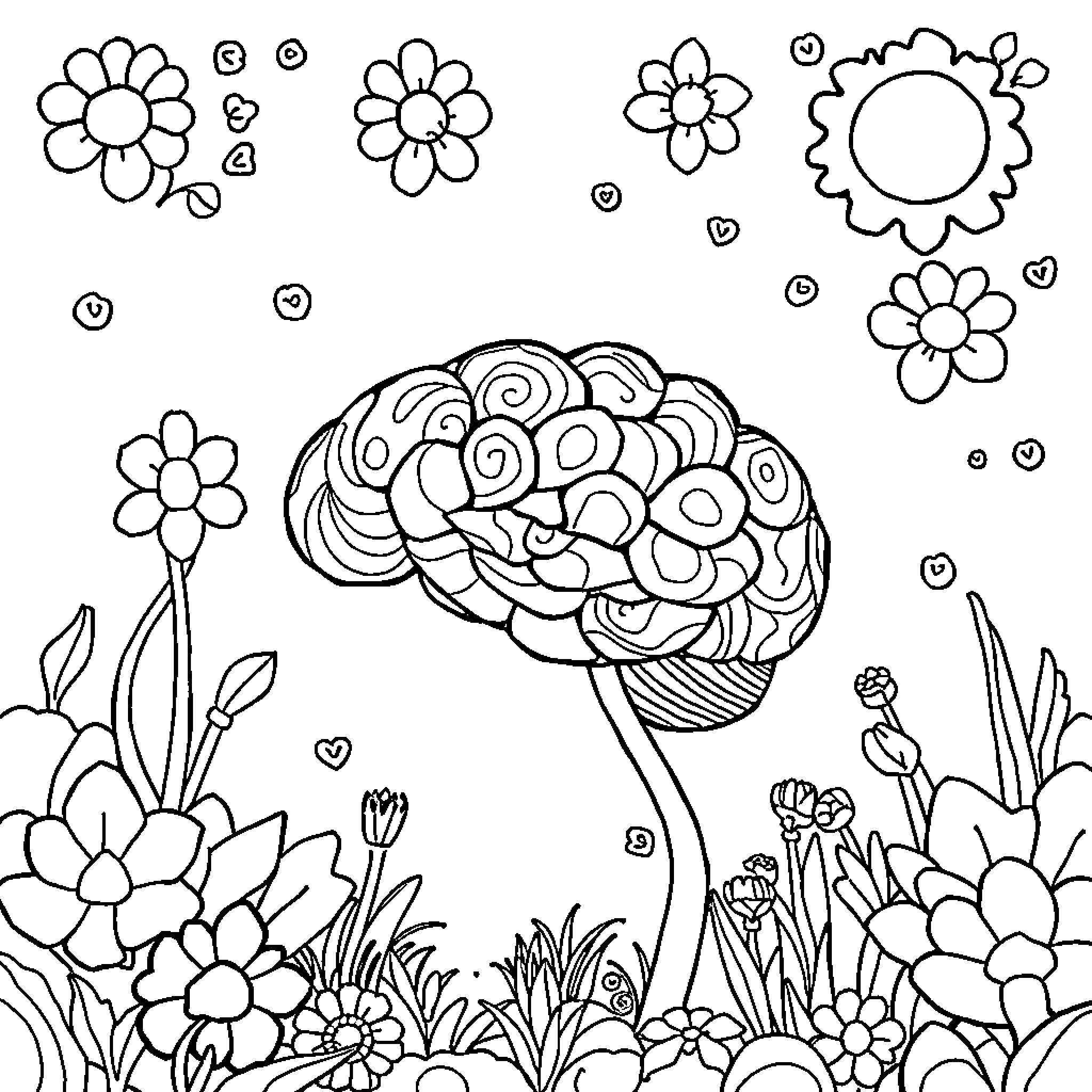 Child's Whimsical Brain Surrounded by Flowers Coloring Page (free black-and-white line drawing printable PDF for all, from beginners to advanced learners, including children, teens, adults, and seniors)