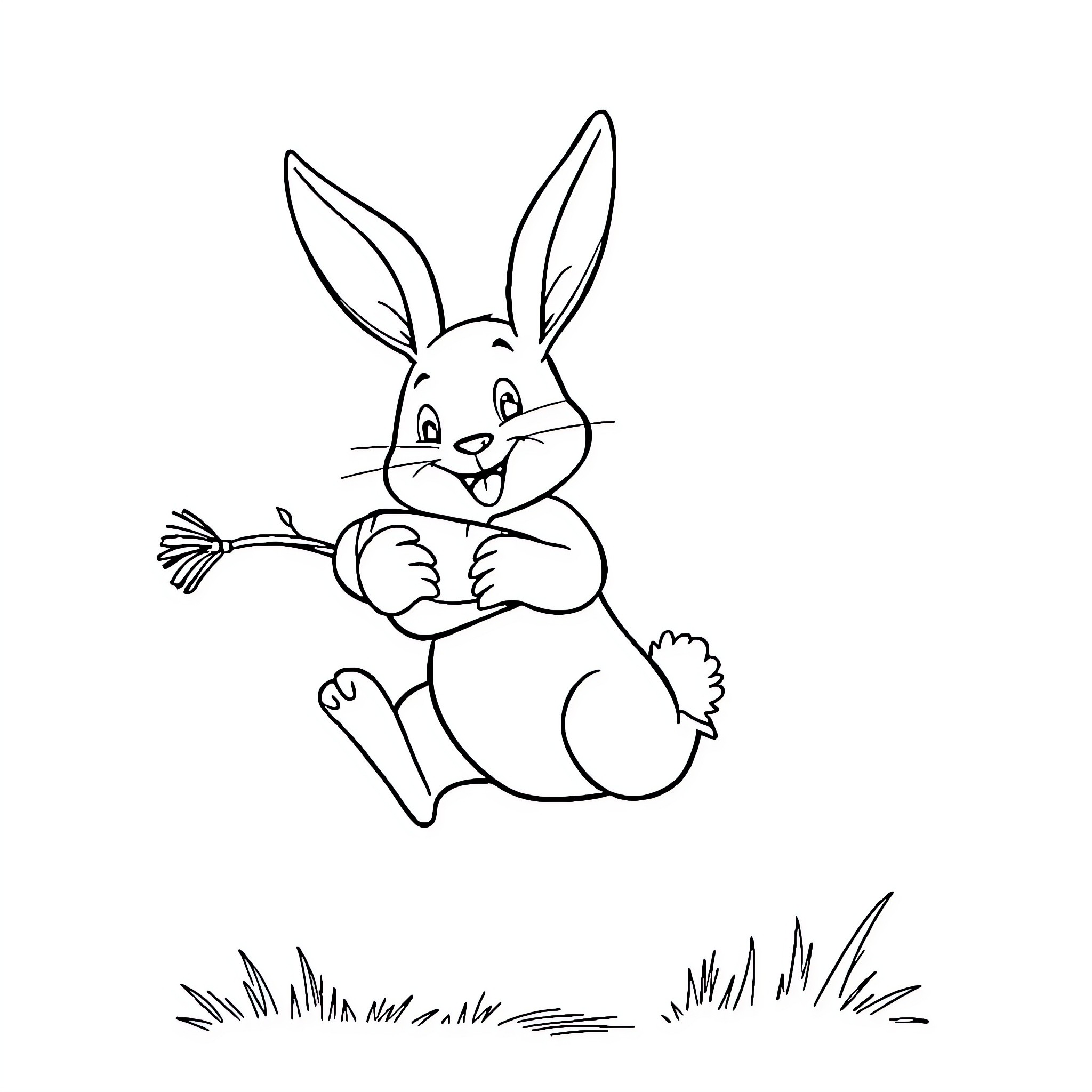 Bunny sitting and smiling in a grassy field Coloring Page (free black-and-white line drawing printable PDF for all, from beginners to advanced learners, including children, teens, adults, and seniors)