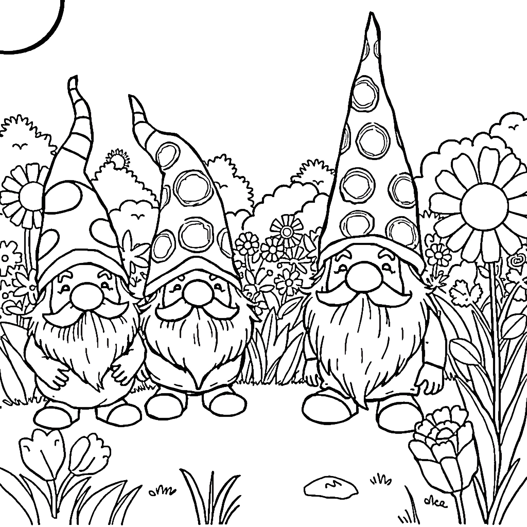 Gnome friends in a whimsical garden landscape Coloring Page (free black-and-white line drawing printable PDF for all, from beginners to advanced learners, including children, teens, adults, and seniors)