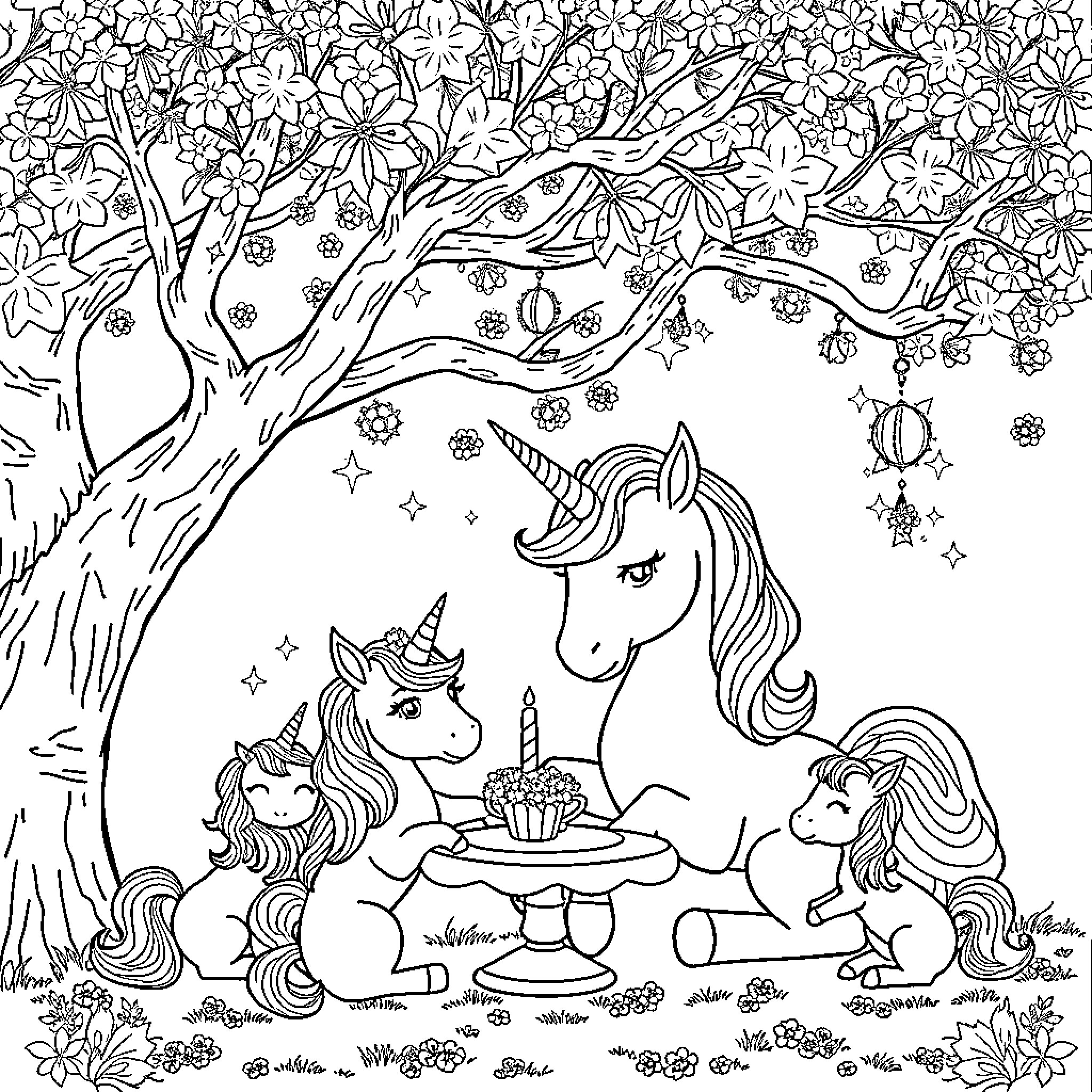 Unicorn family celebrates a special occasion Coloring Page (free black-and-white line drawing printable PDF for all, from beginners to advanced learners, including children, teens, adults, and seniors)