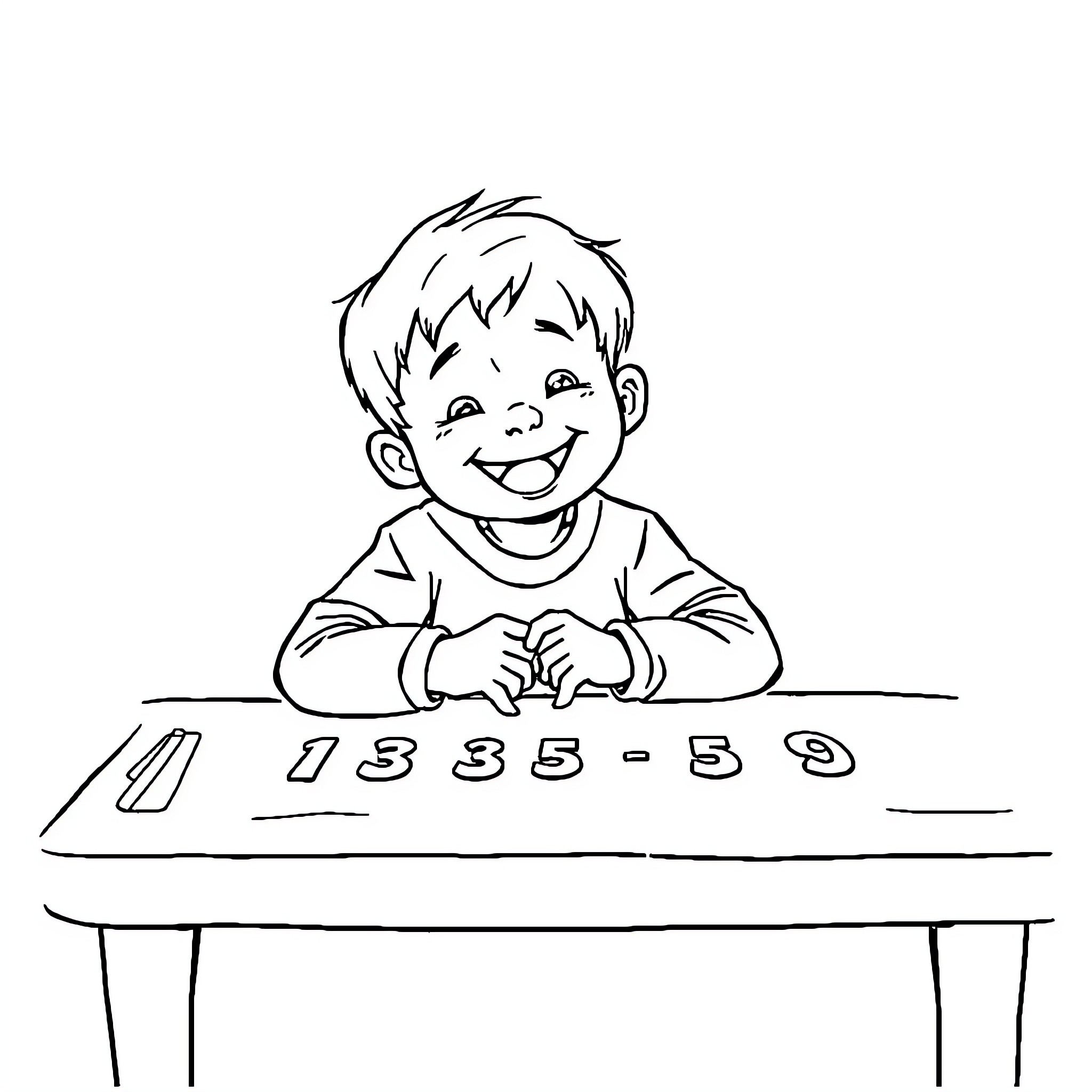 Enfant learning numbers at desk Coloring Page (free black-and-white line drawing printable PDF for all, from beginners to advanced learners, including children, teens, adults, and seniors)