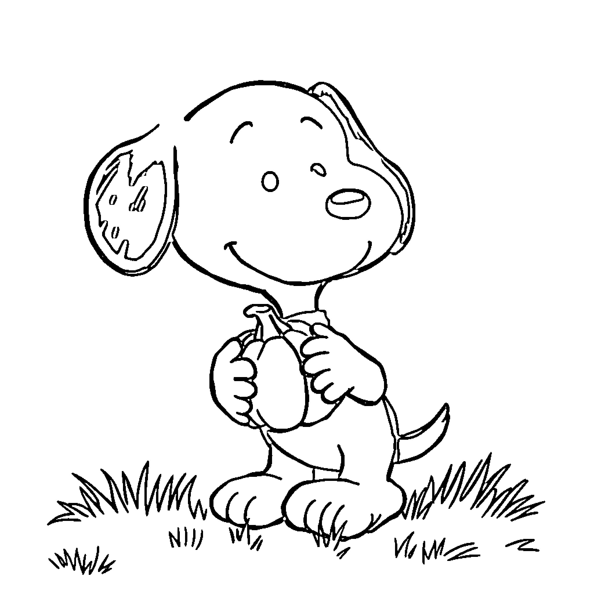 Snoopy playing with a ball in the grass Coloring Page (free black-and-white line drawing printable PDF for all, from beginners to advanced learners, including children, teens, adults, and seniors)