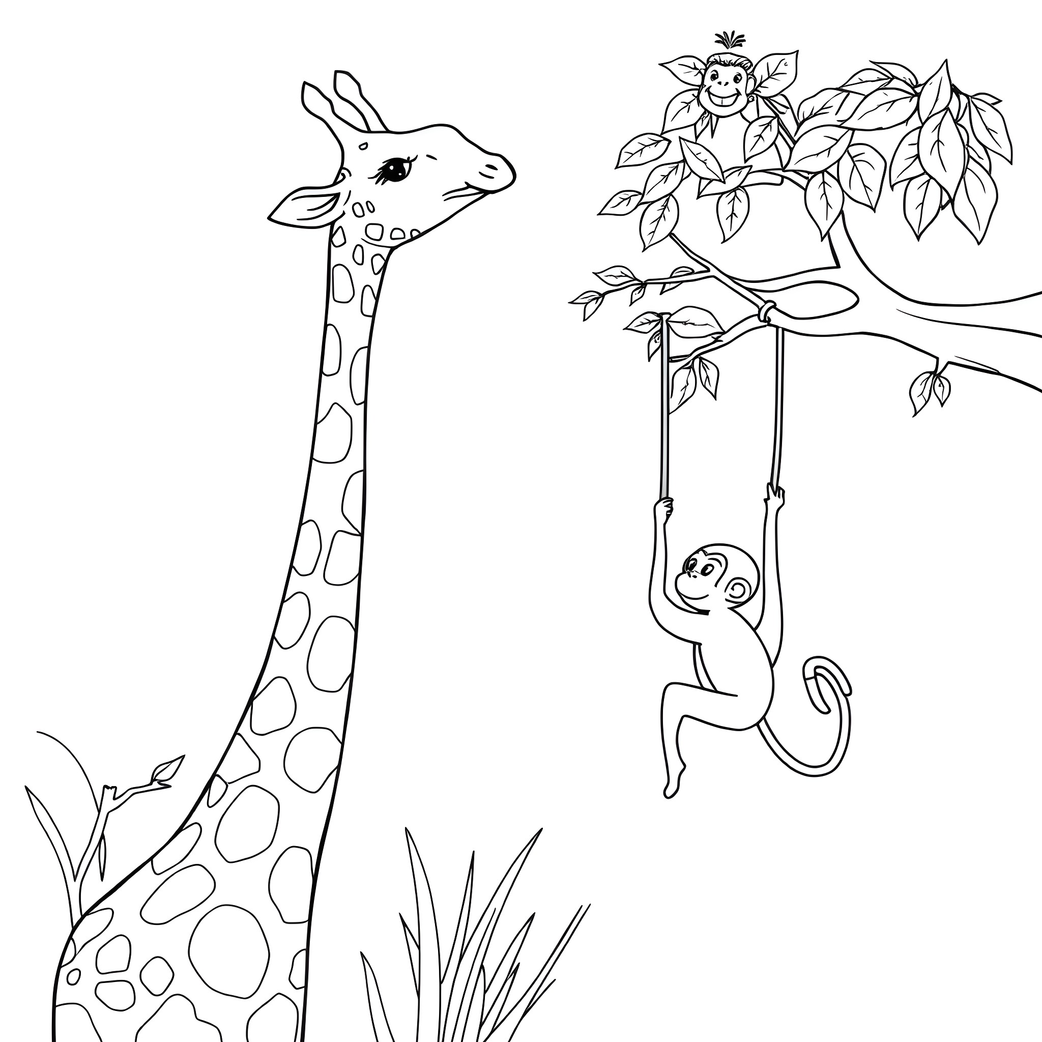 Giraffe and monkey playing in the jungle Coloring Page (free black-and-white line drawing printable PDF for all, from beginners to advanced learners, including children, teens, adults, and seniors)