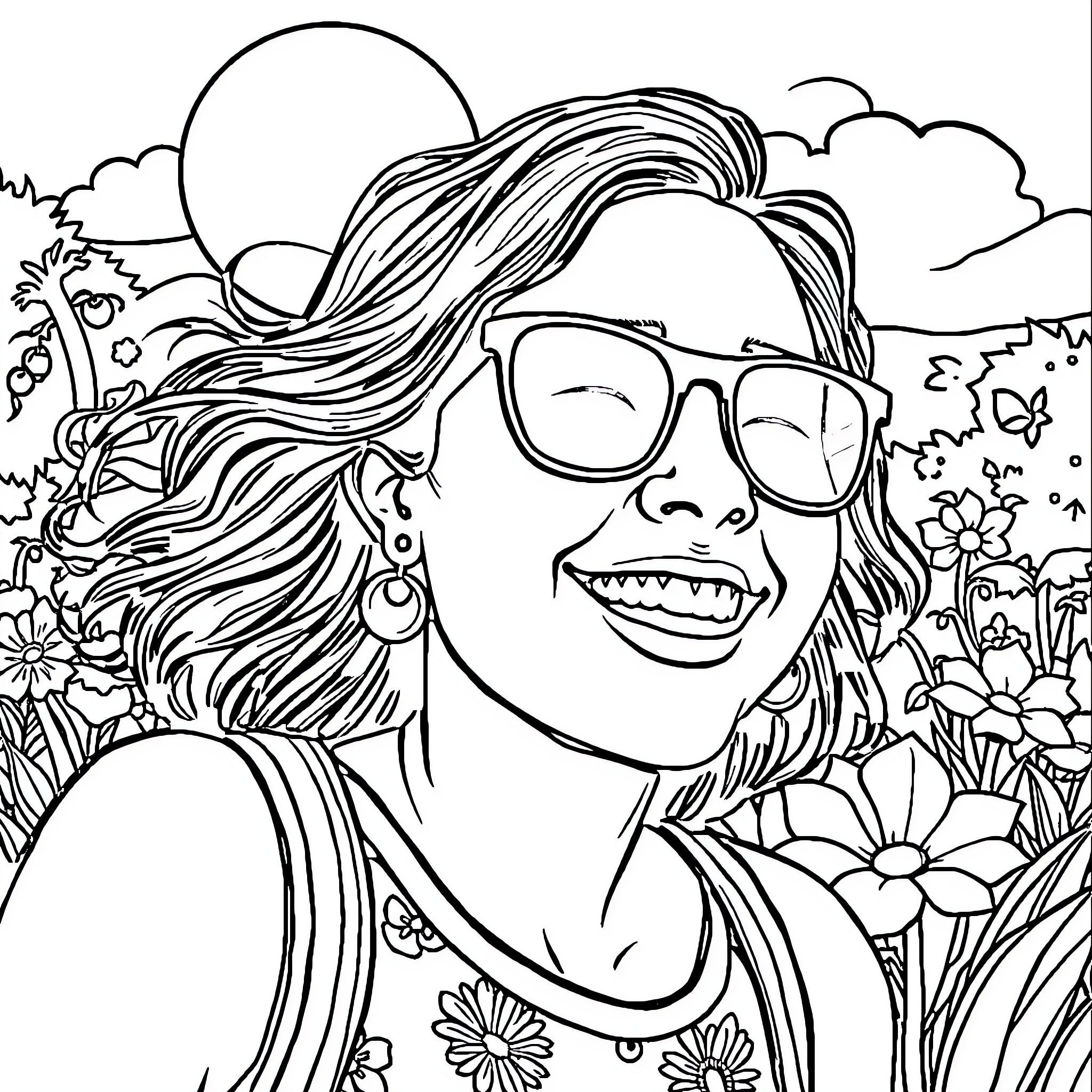 Joyful Woman in Vibrant Garden Scene Coloring Page (free black-and-white line drawing printable PDF for all, from beginners to advanced learners, including children, teens, adults, and seniors)