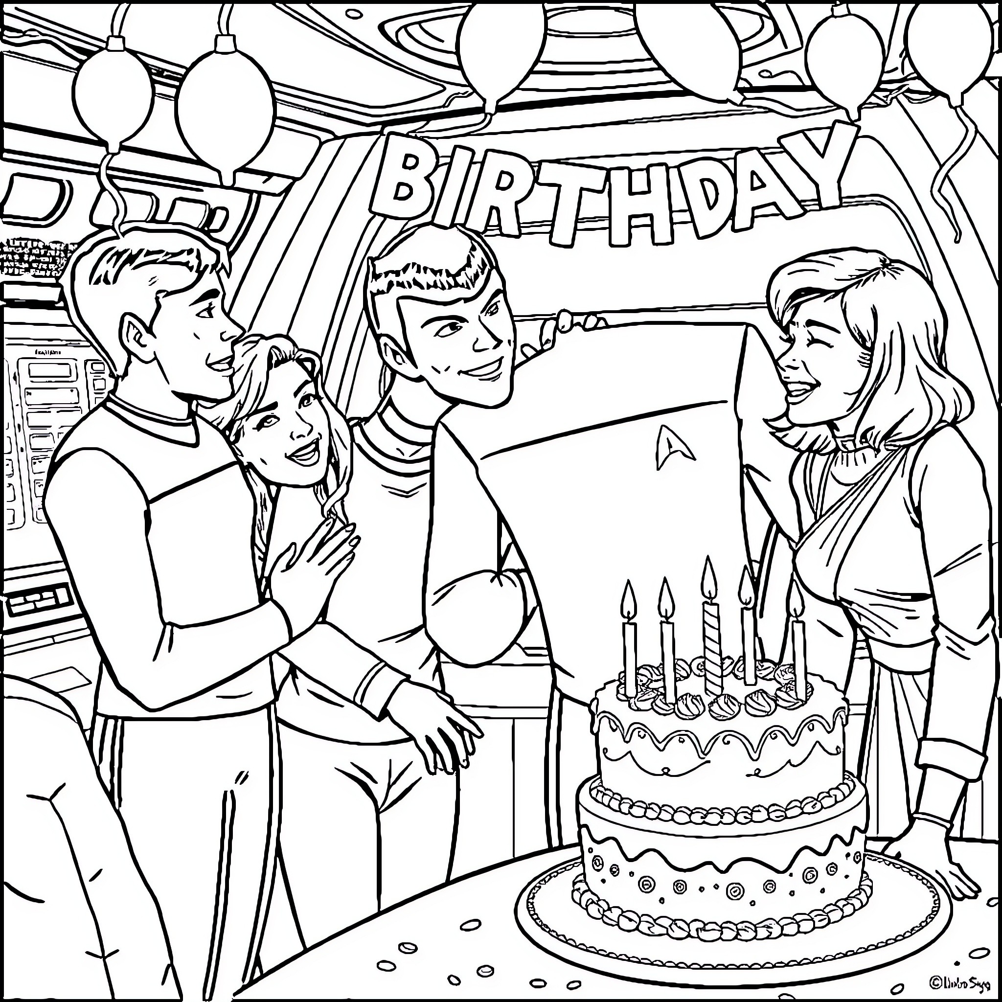 Lower Decks Characters Celebrating Birthday with Cake and Decorations Coloring Page (free black-and-white line drawing printable PDF for all, from beginners to advanced learners, including children, teens, adults, and seniors)